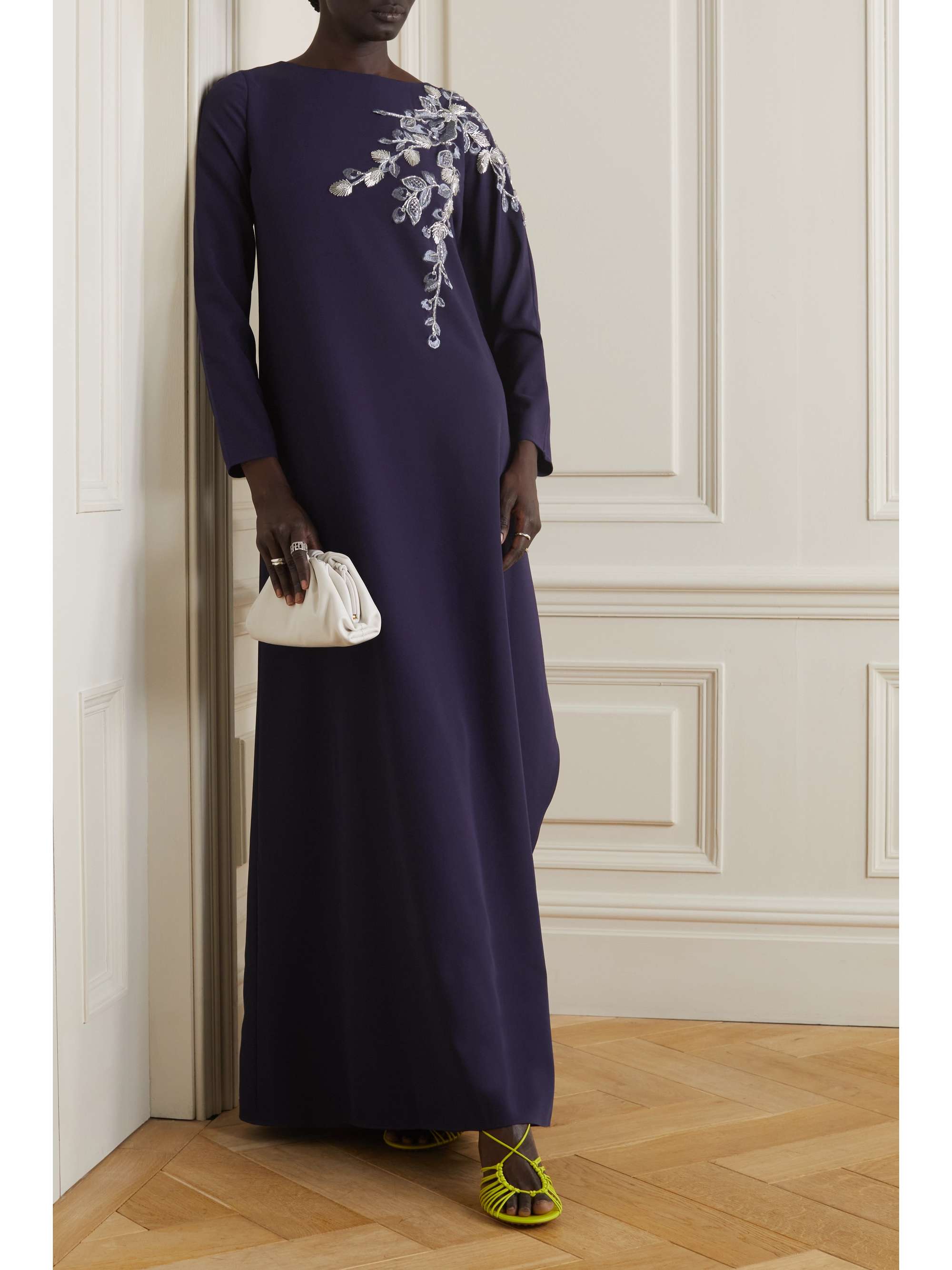 MARCHESA NOTTE 드레이프 비즈 장식 자수 스트레치 크레이프 가운
