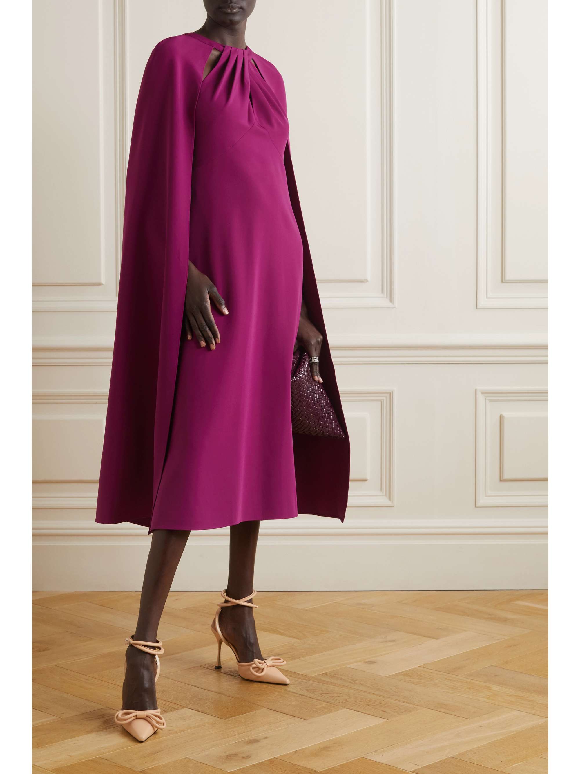 MARCHESA NOTTE Cape-effect twist-front stretch-crepe midi dress