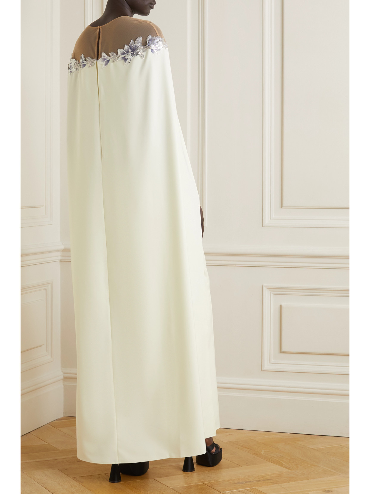 Marchesa Notte Cape-effect Embellished Embroidered Tulle-trimmed Stretch-crepe Gown In Ivory