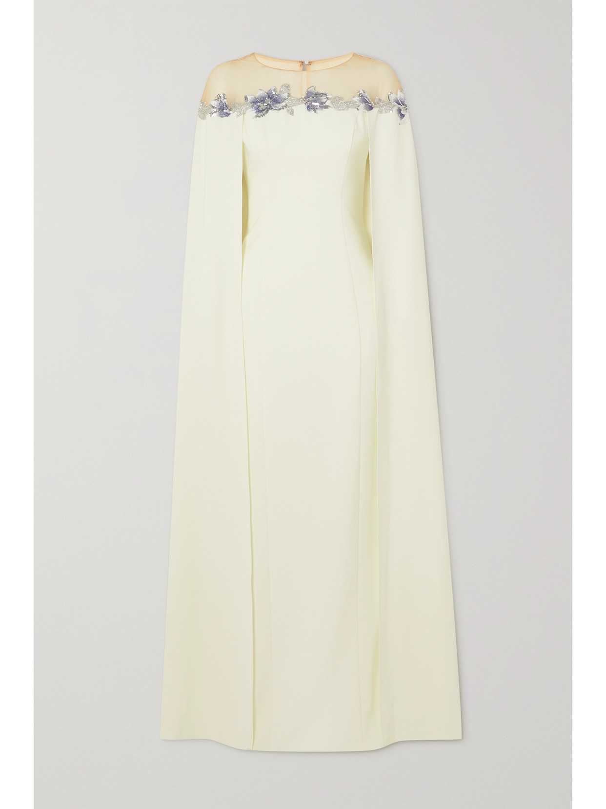 MARCHESA NOTTE Cape effect Embellished Embroidered Tulle trimmed Stretch crepe Gown Ivory