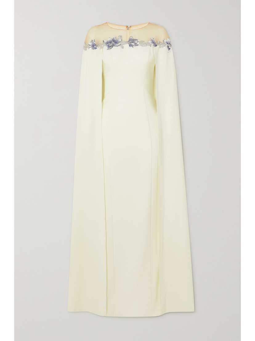 Marchesa Notte Cape-effect Embellished Embroidered Tulle-trimmed Stretch-crepe Gown