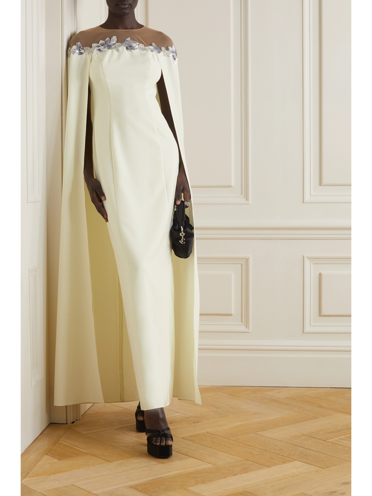 Marchesa Notte Cape-effect Embellished Embroidered Tulle-trimmed Stretch-crepe Gown In Ivory