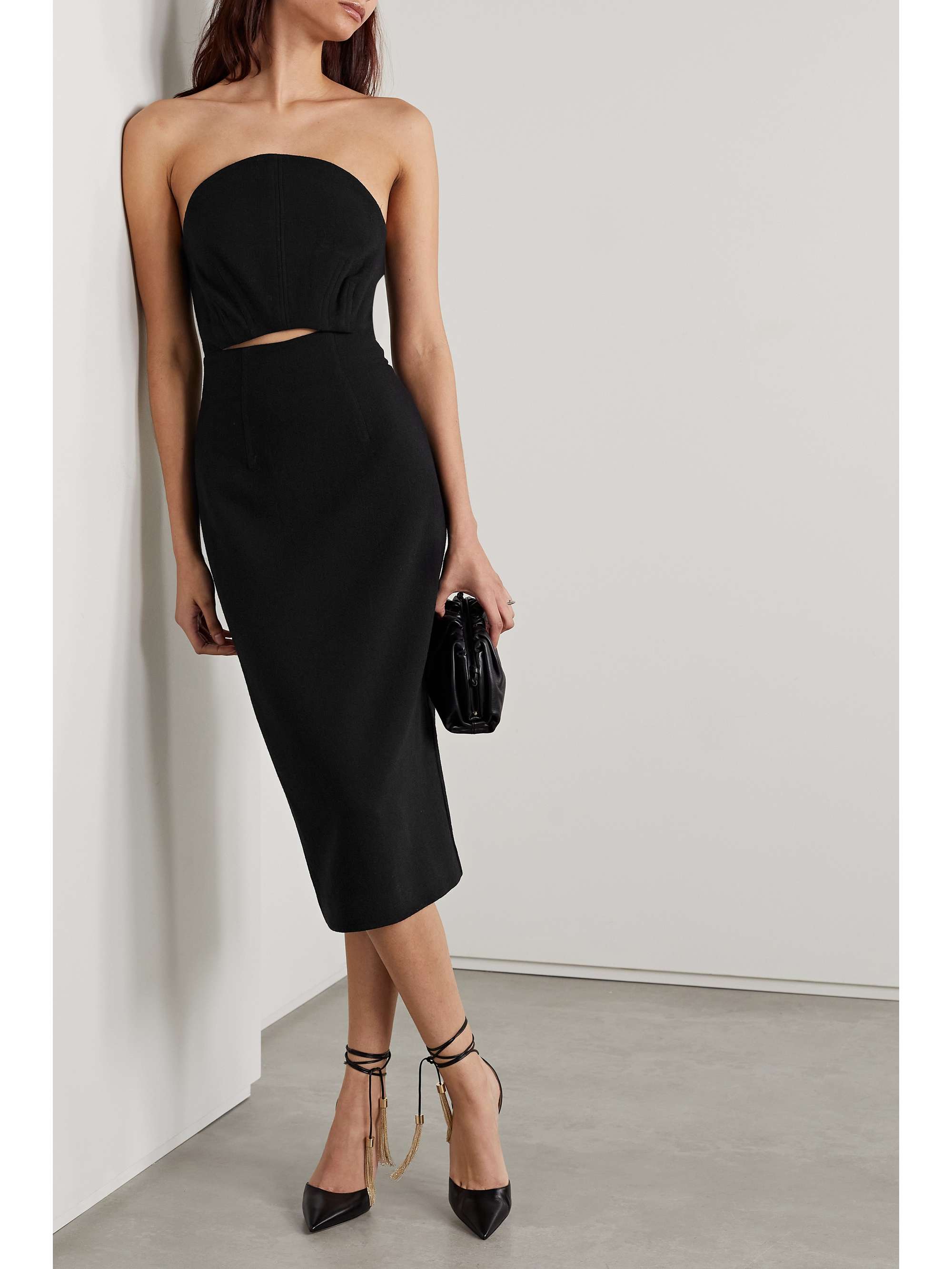 ROLAND MOURET 抹胸挖剪羊毛绉纱中长连衣裙