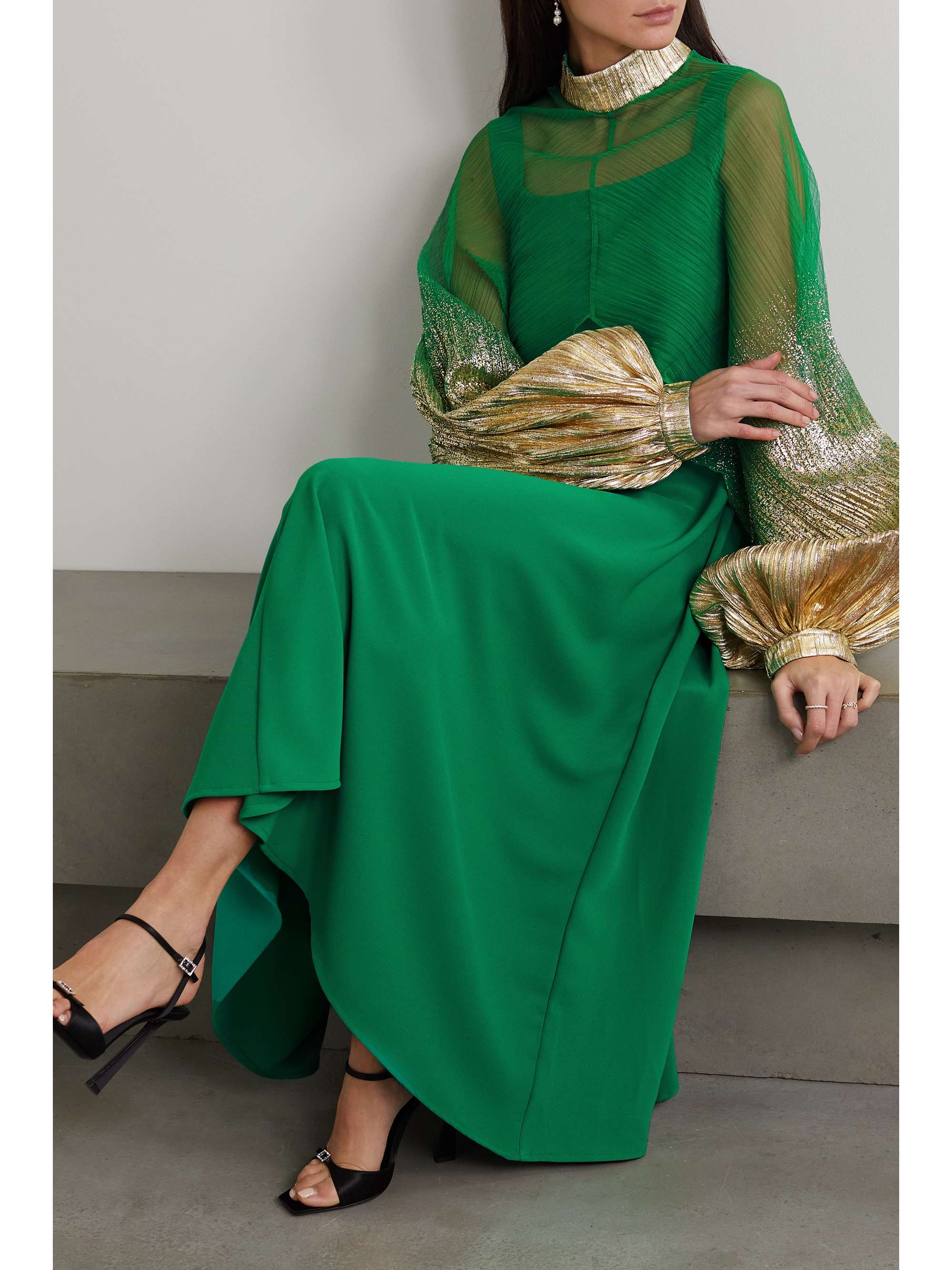 DIMA AYAD Layered crepe and metallic chiffon gown