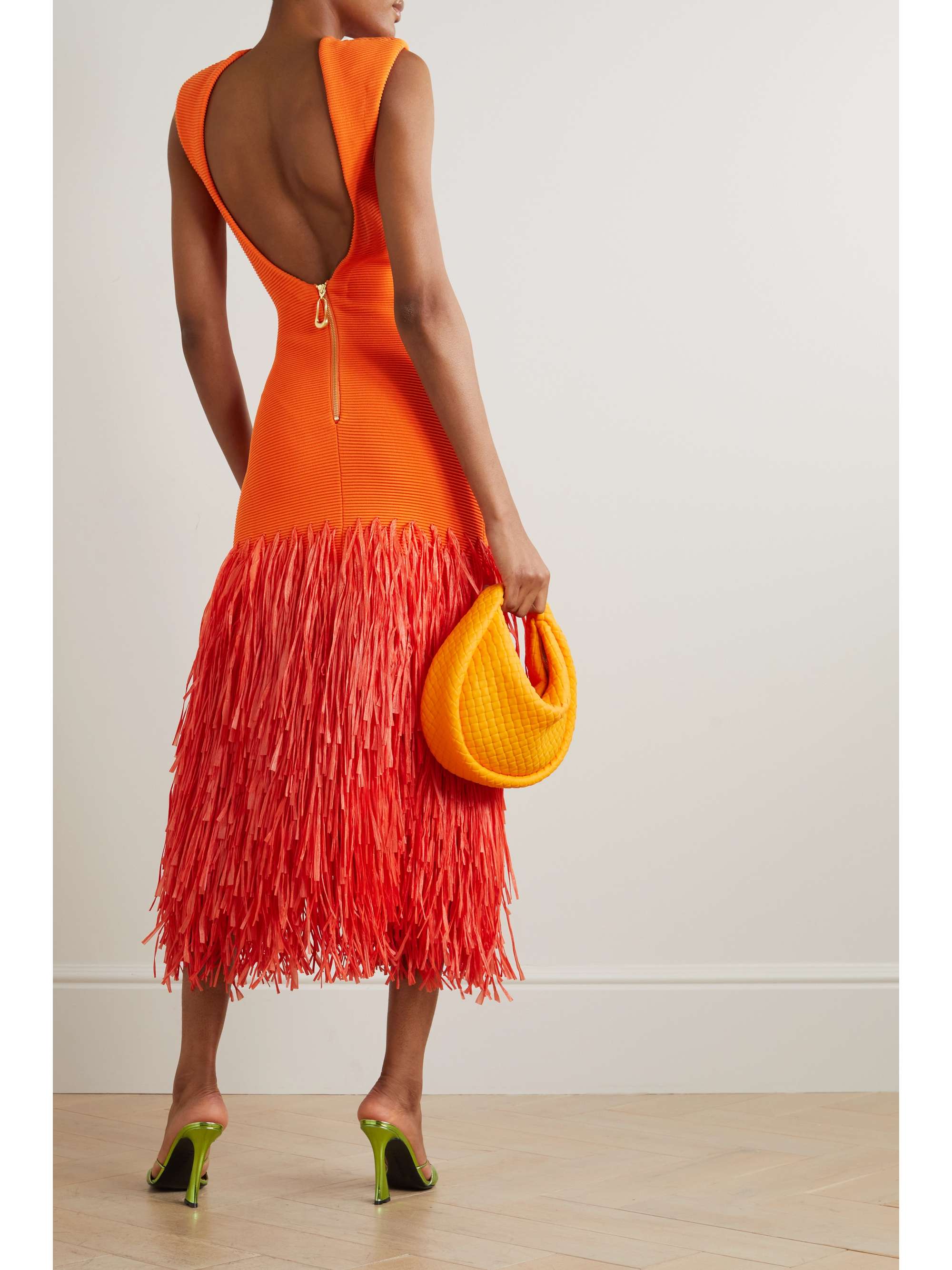AJE. Fringed faux raffiatrimmed ribbed stretchknit midi dress NETA