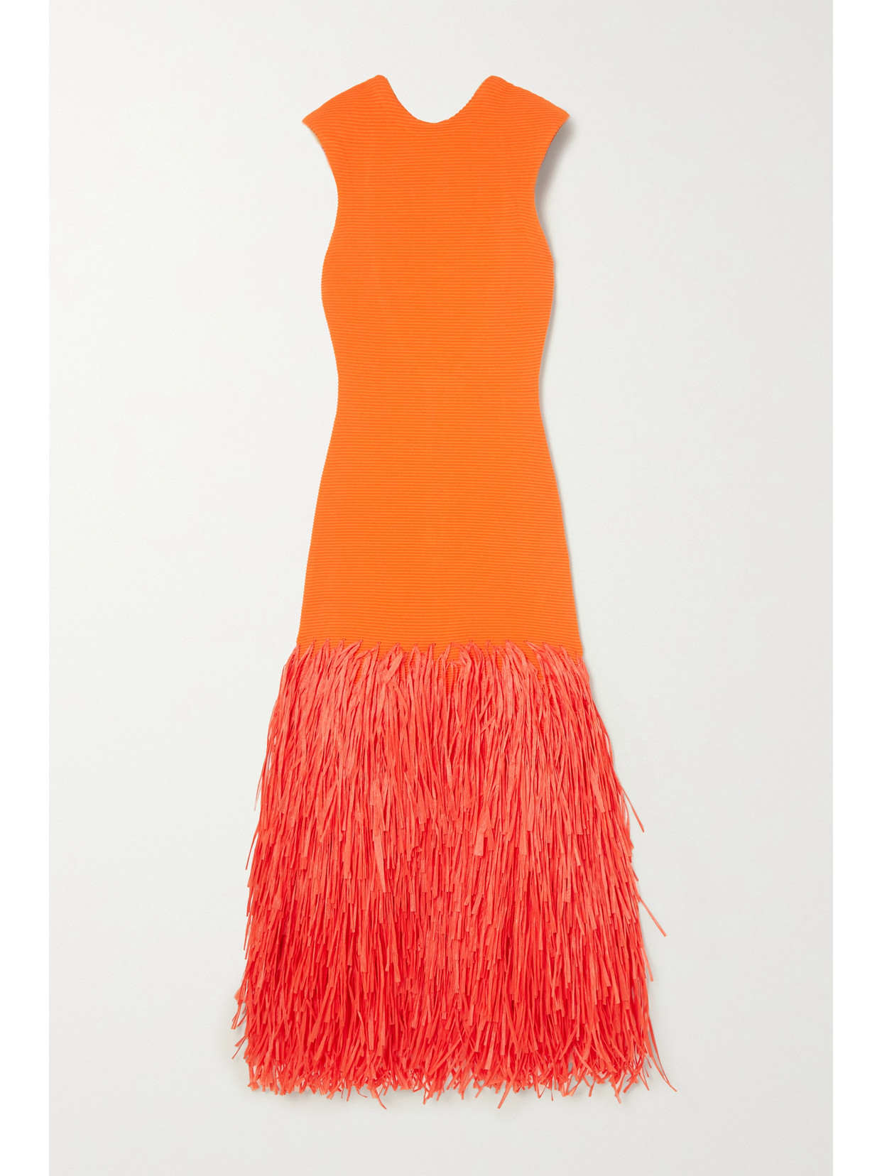 Aje - Fringed Faux Raffia-trimmed Ribbed Stretch-knit Midi Dress - Orange