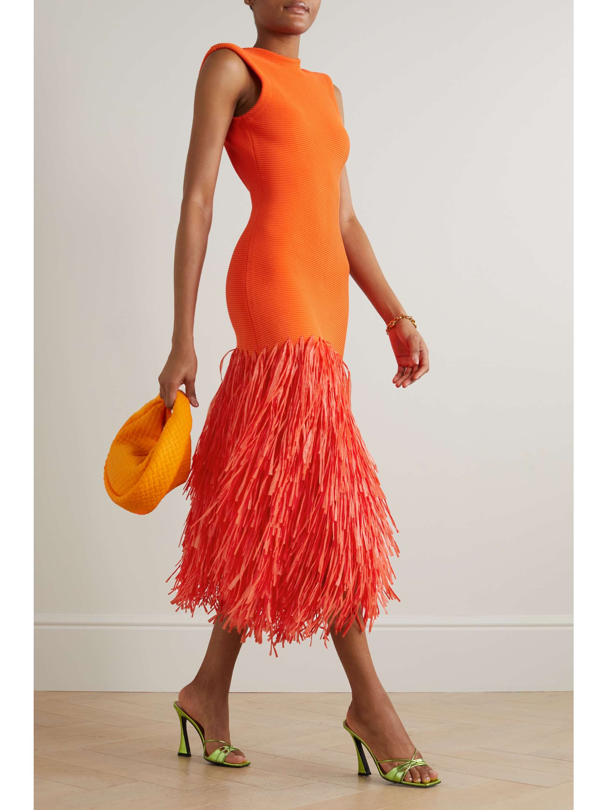 Fringed faux raffia-trimmed ribbed stretch-knit midi dress Aje