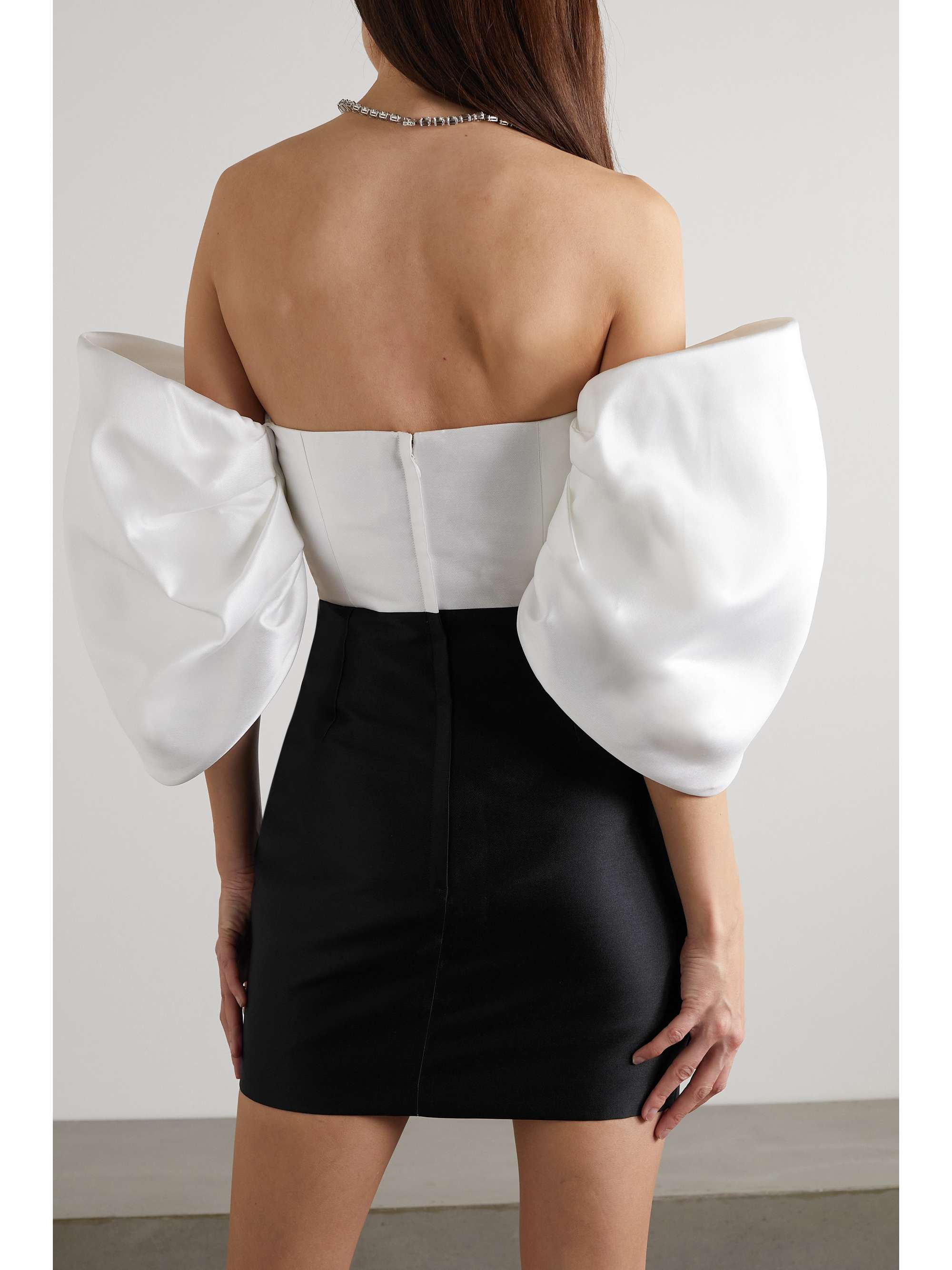 SOLACE LONDON Elina off-the-shoulder two-tone gathered satin-twill mini dress