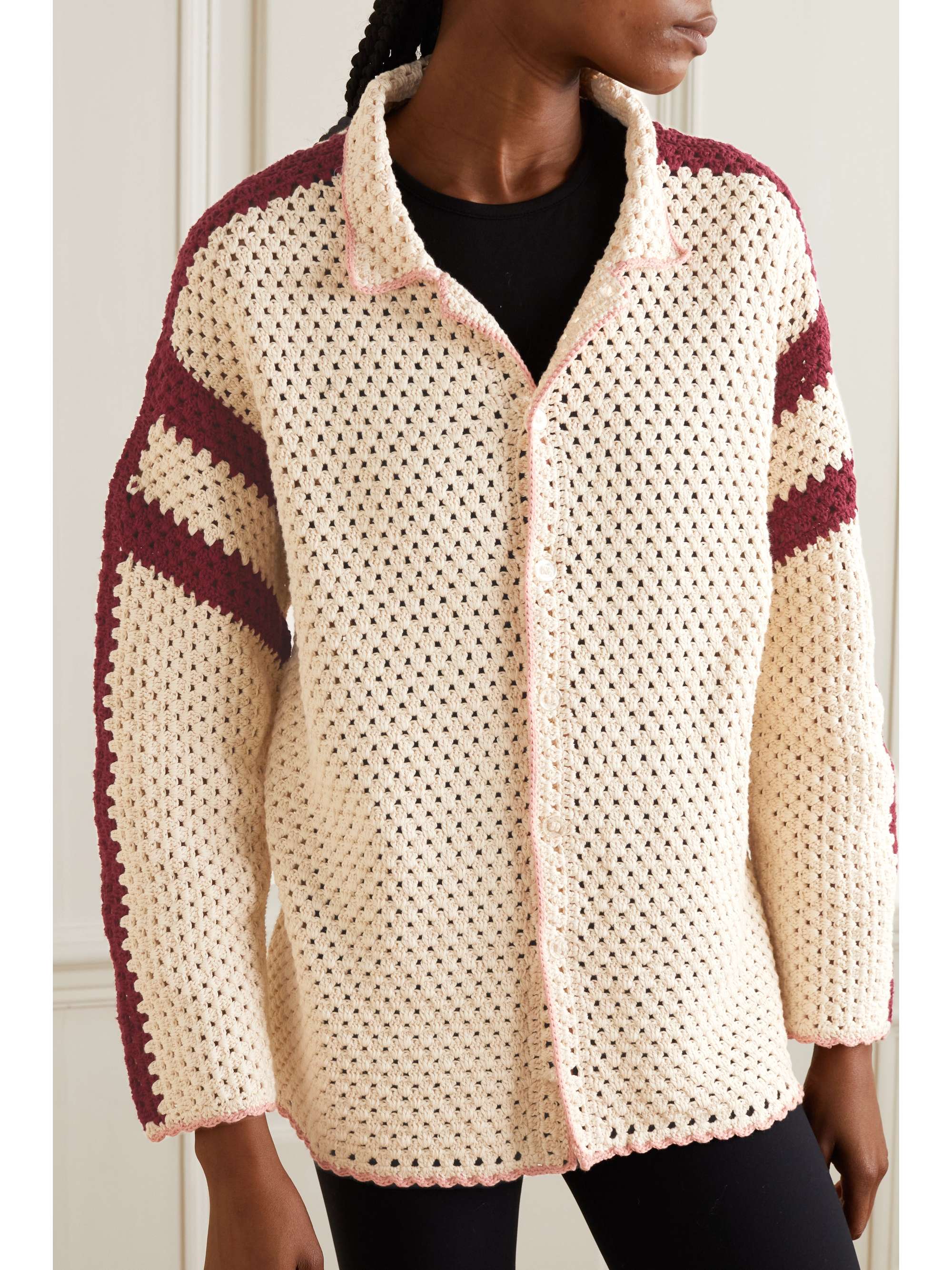 THE UPSIDE Malia oversized striped crocheted cotton shirt