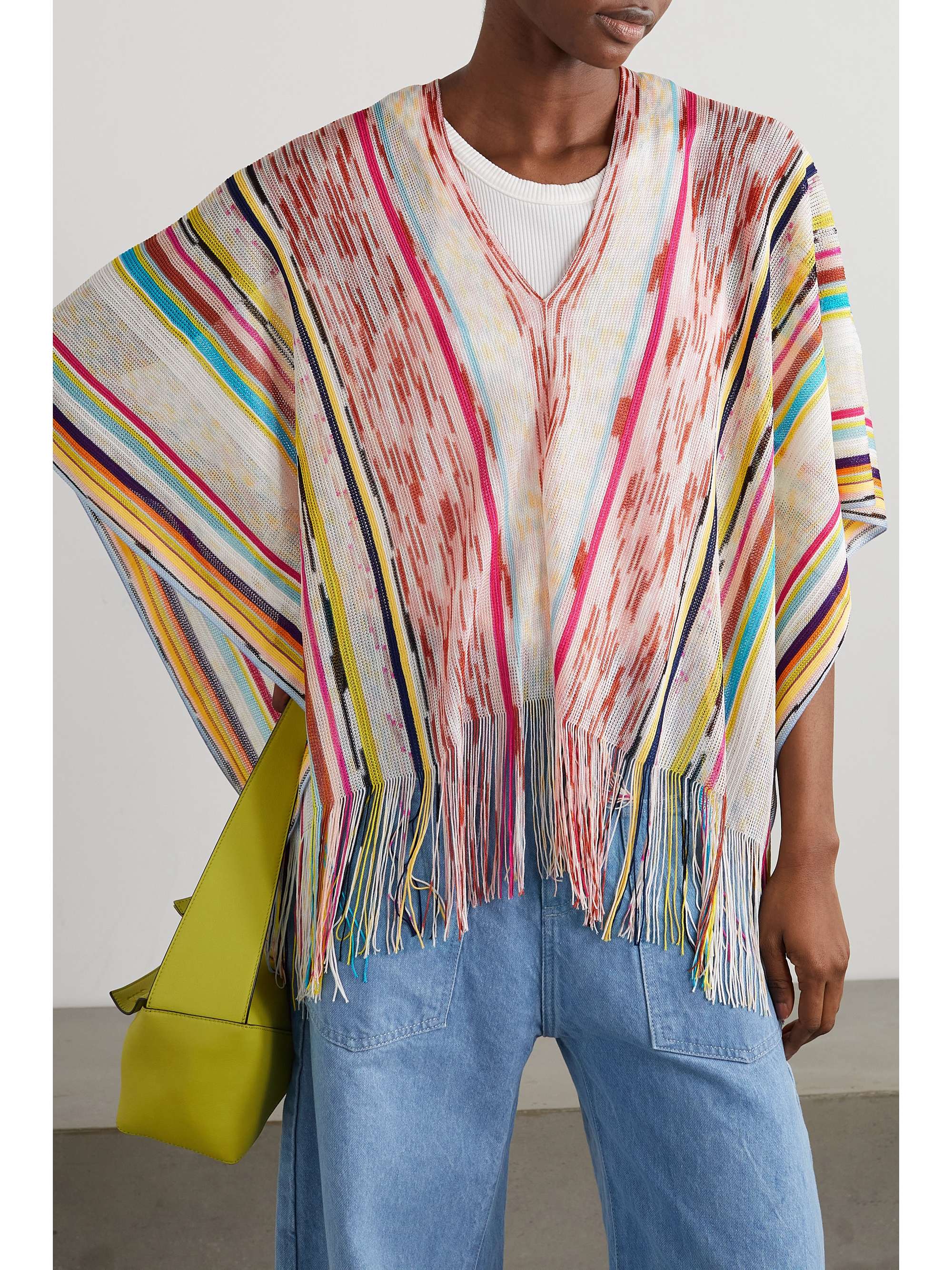 IDEA SPA Fringed striped crochet-knit poncho