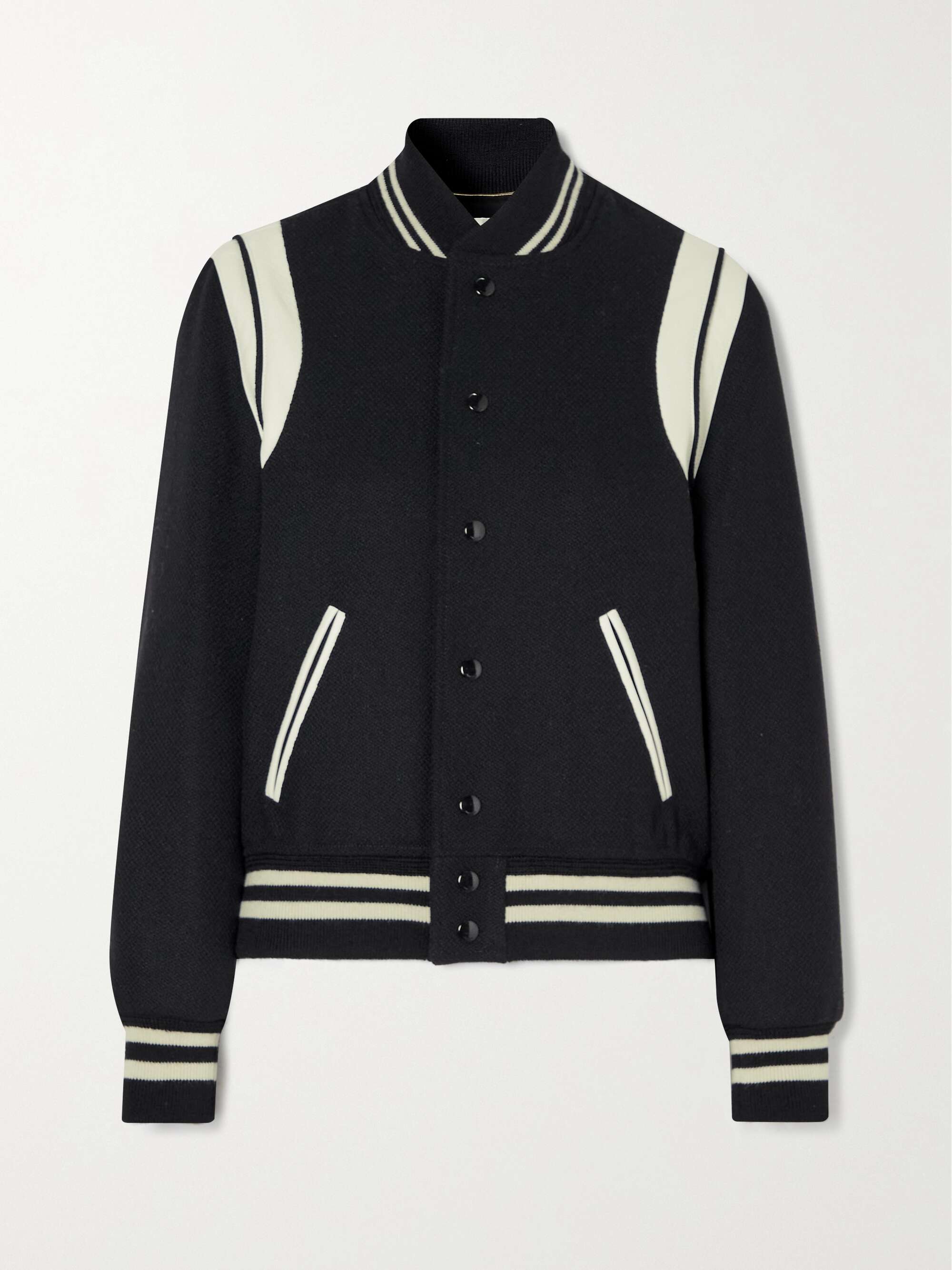 SAINT LAURENT Teddy leather-trimmed recycled wool-blend bomber jacket ...