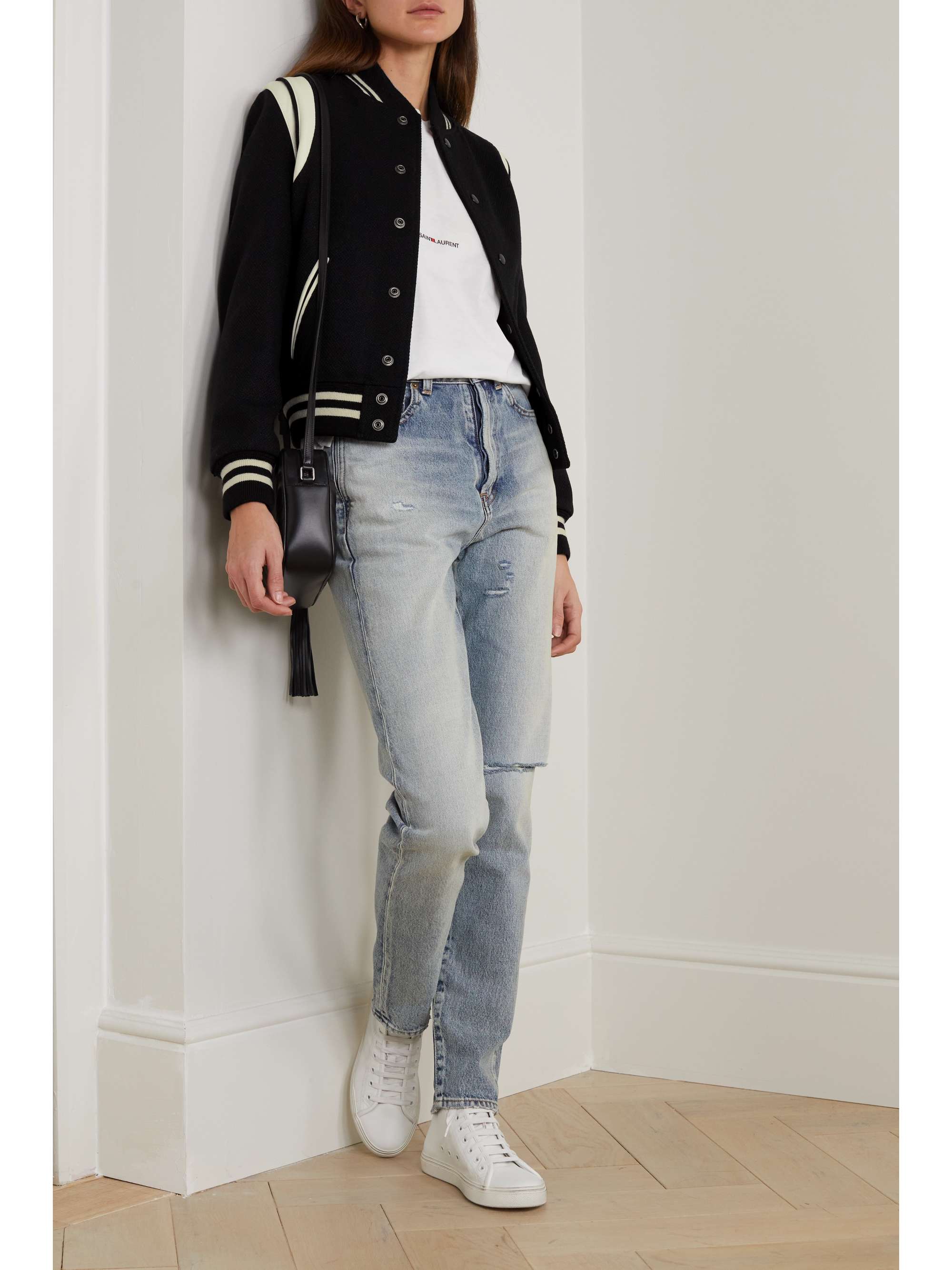 SAINT LAURENT Teddy leather-trimmed recycled wool-blend bomber jacket |  NET-A-PORTER