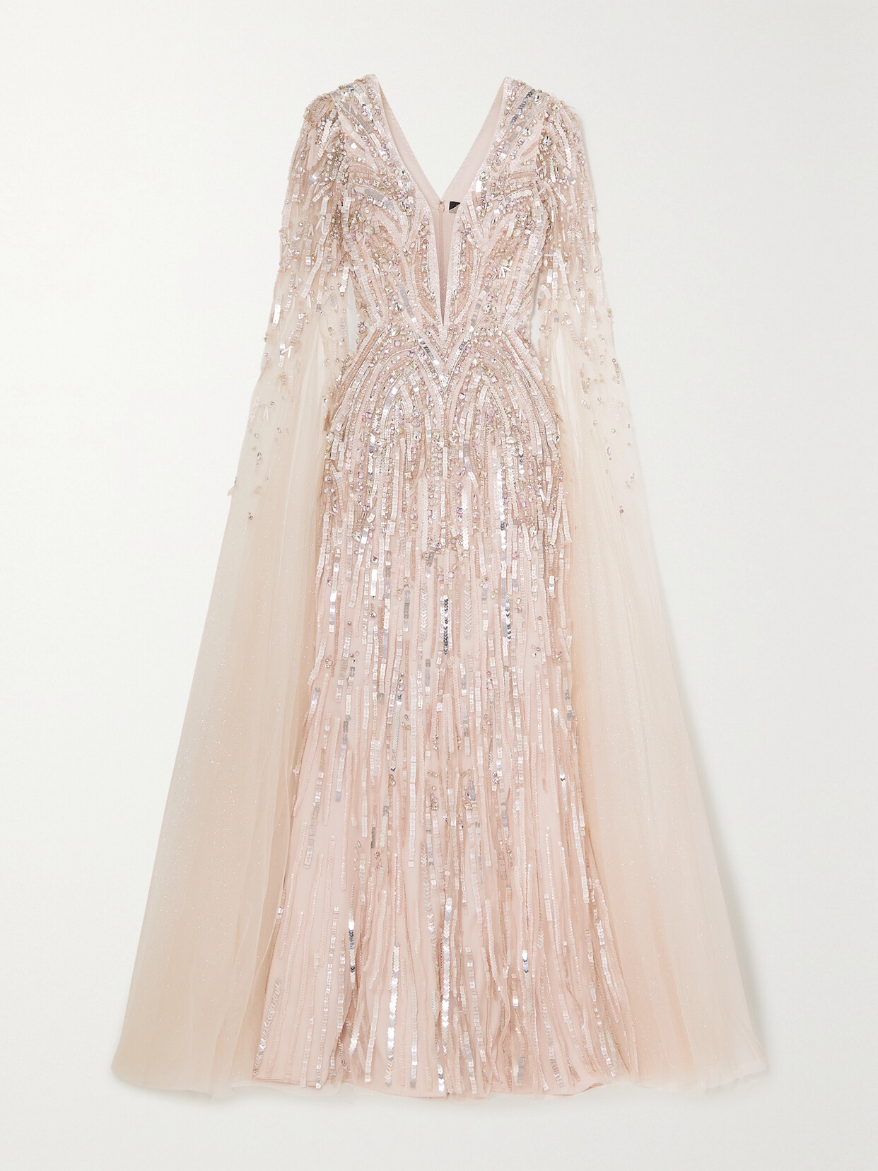 Jenny Packham - Cape-effect Embellished Tulle And Satin Gown - Rose gold