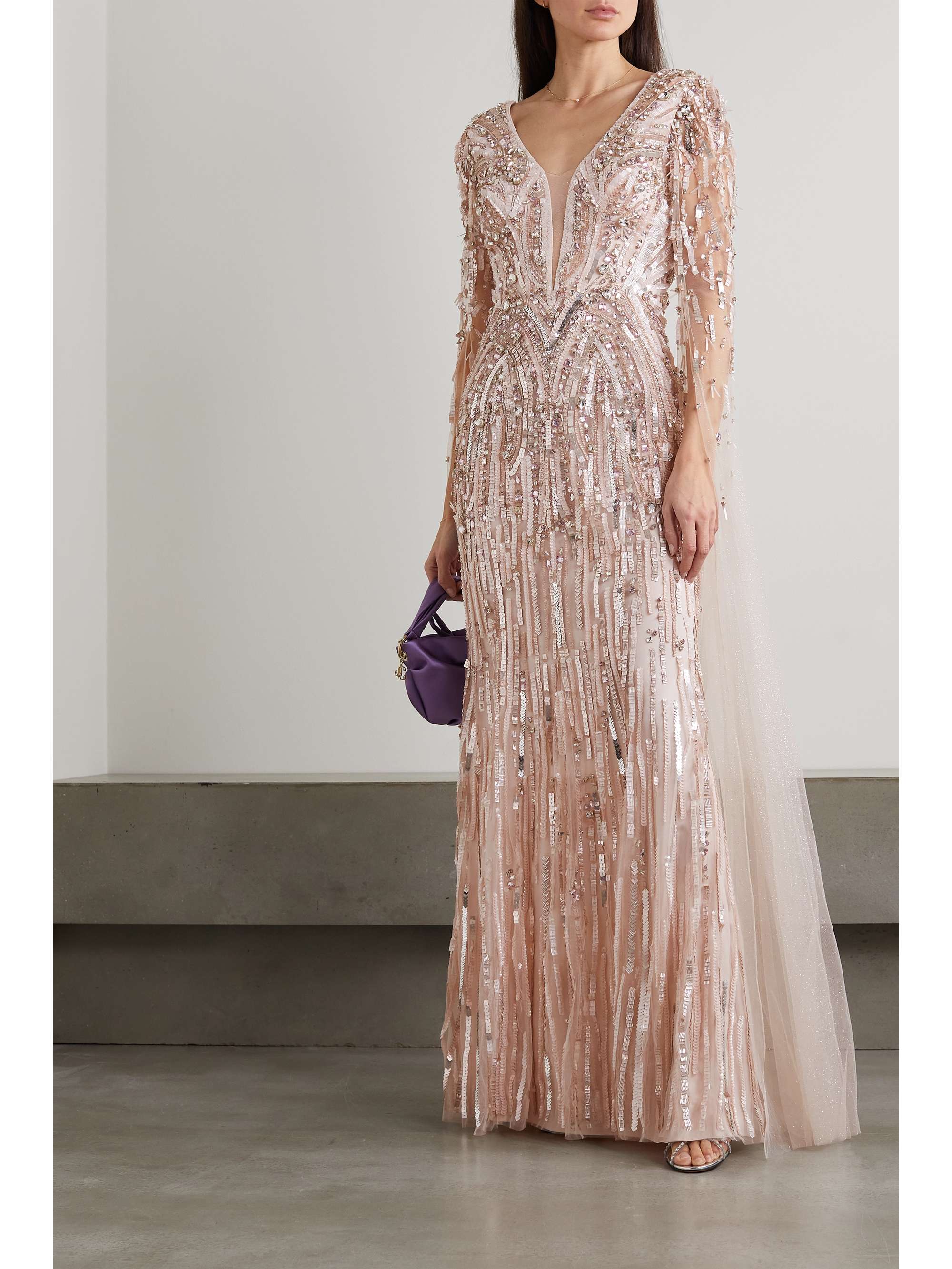 JENNY PACKHAM Cape-effect embellished tulle and satin gown