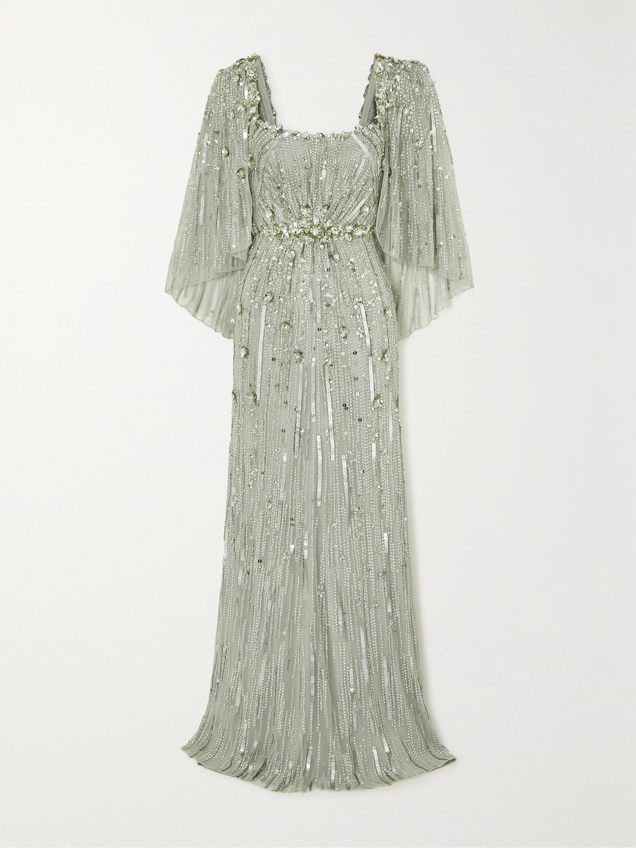 Jenny Packham Cape-effect Embellished Tulle Gown In Silver