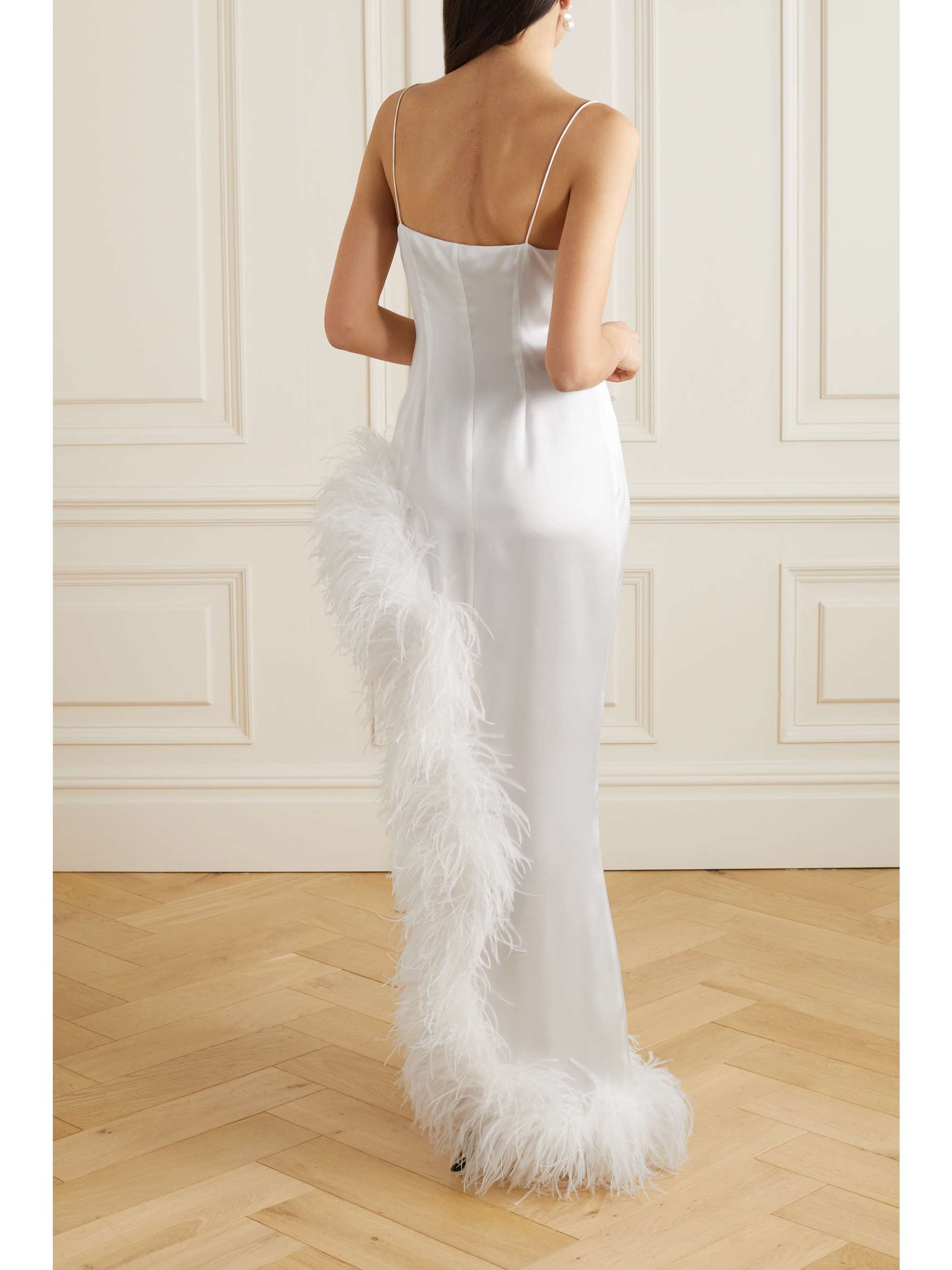 ALESSANDRA RICH Asymmetric feather-trimmed silk-satin gown | NET-A-PORTER