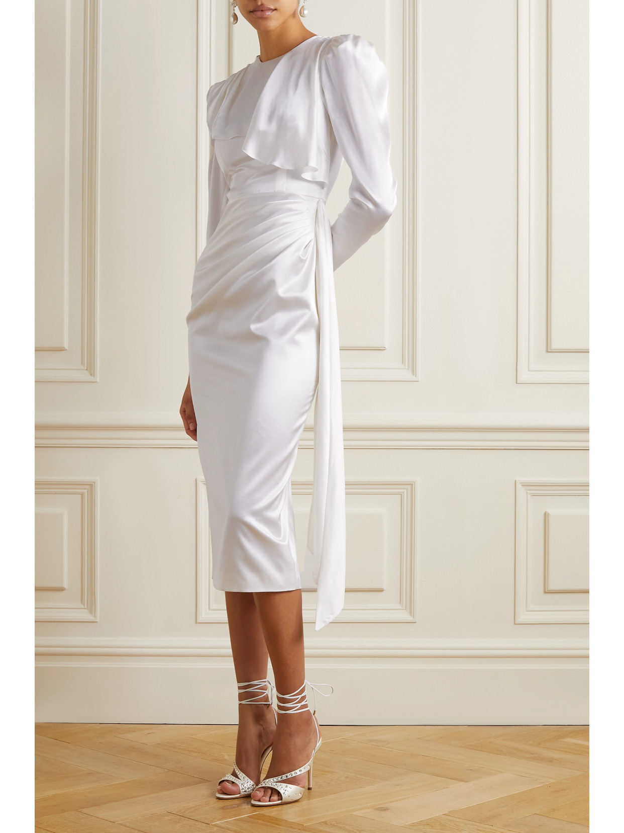 Shop Alessandra Rich Embellished Draped Silk-satin Midi Dress In White