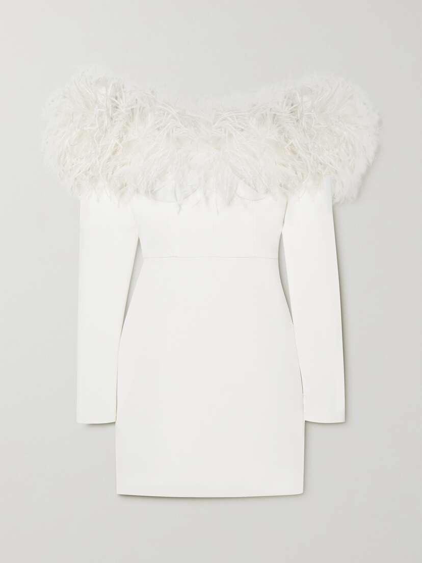Alessandra Rich Off-the-shoulder Feather-trimmed Stretch-cady Mini Dress
