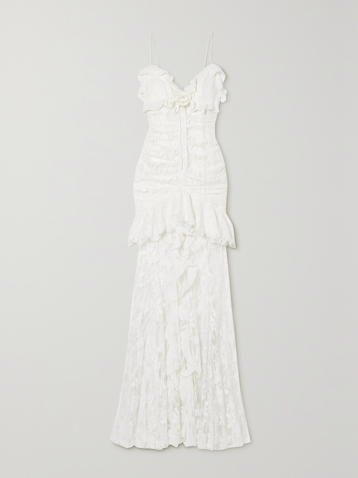 Alessandra Rich Embellished Ruffled Cotton-blend Lace Gown In White