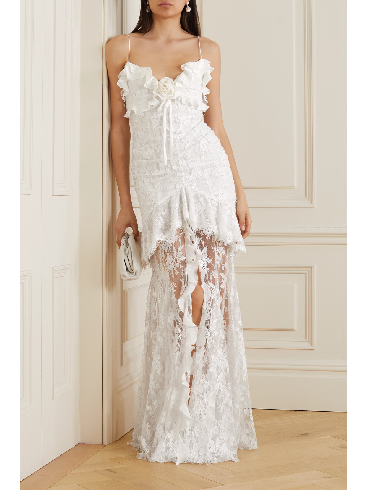 Shop Alessandra Rich Embellished Ruffled Cotton-blend Lace Gown In White