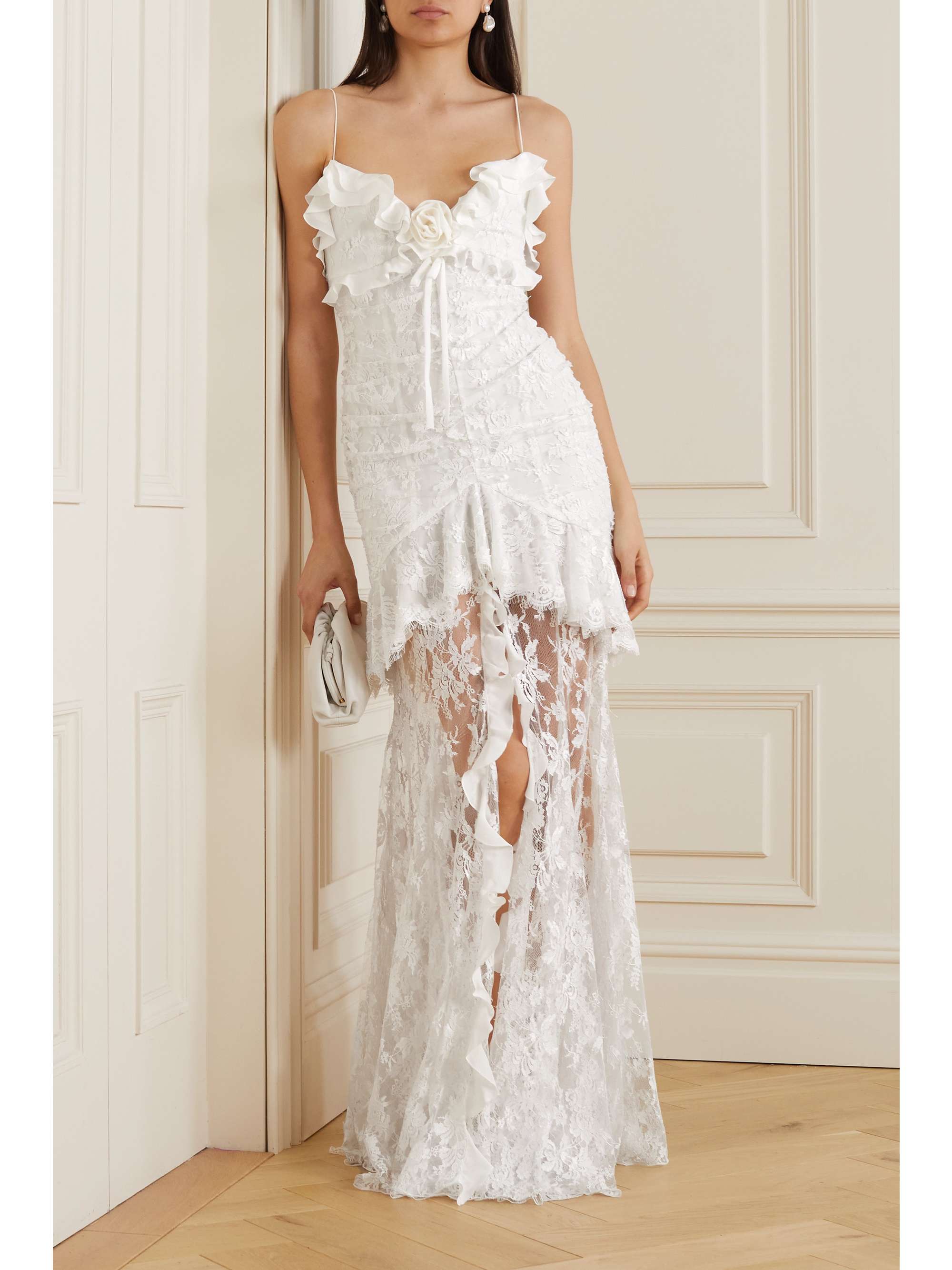 ALESSANDRA RICH Embellished ruffled cotton-blend lace gown