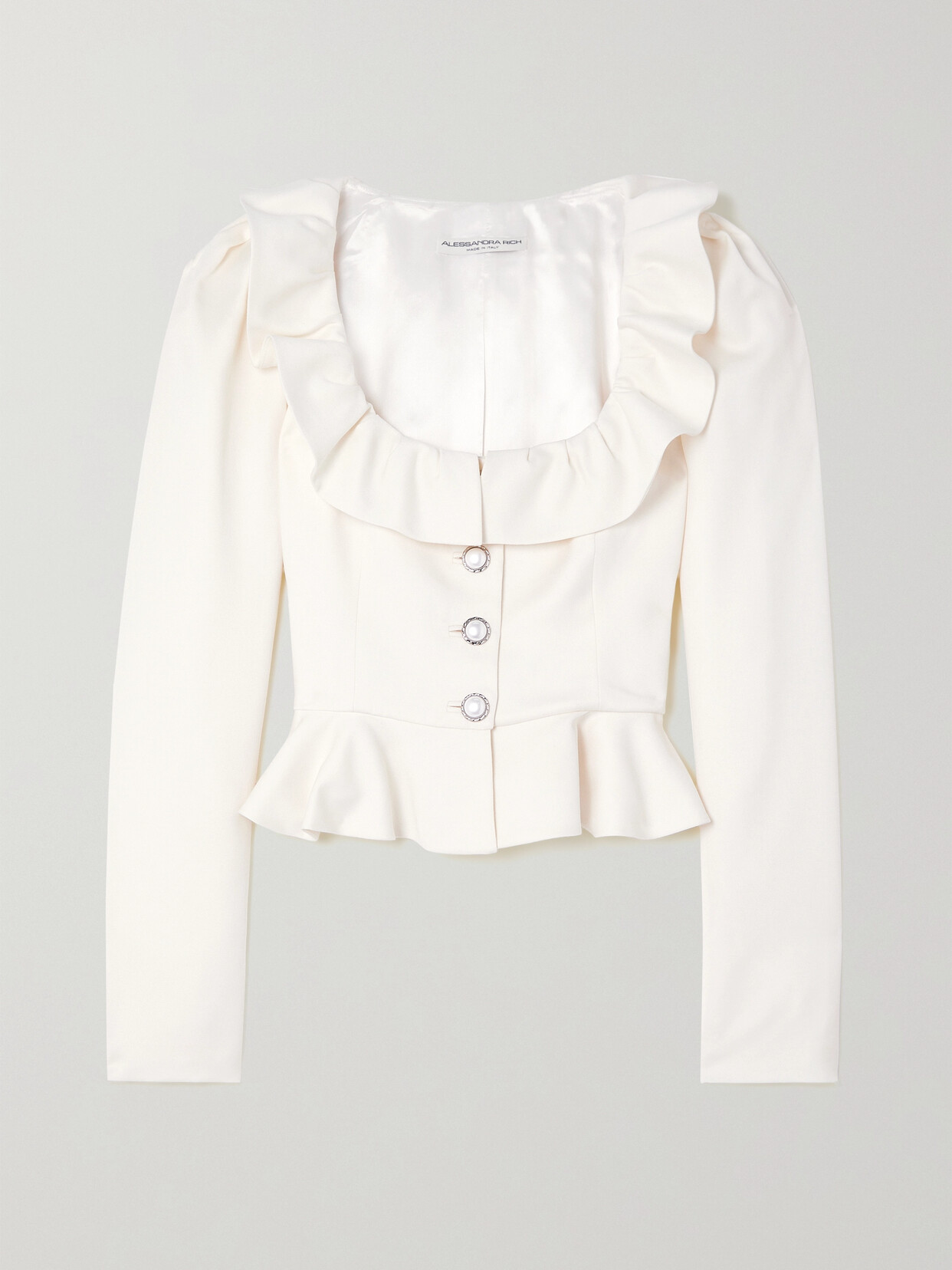 Alessandra Rich Embellished Ruffled Cropped Wool-crepe Jacket In White