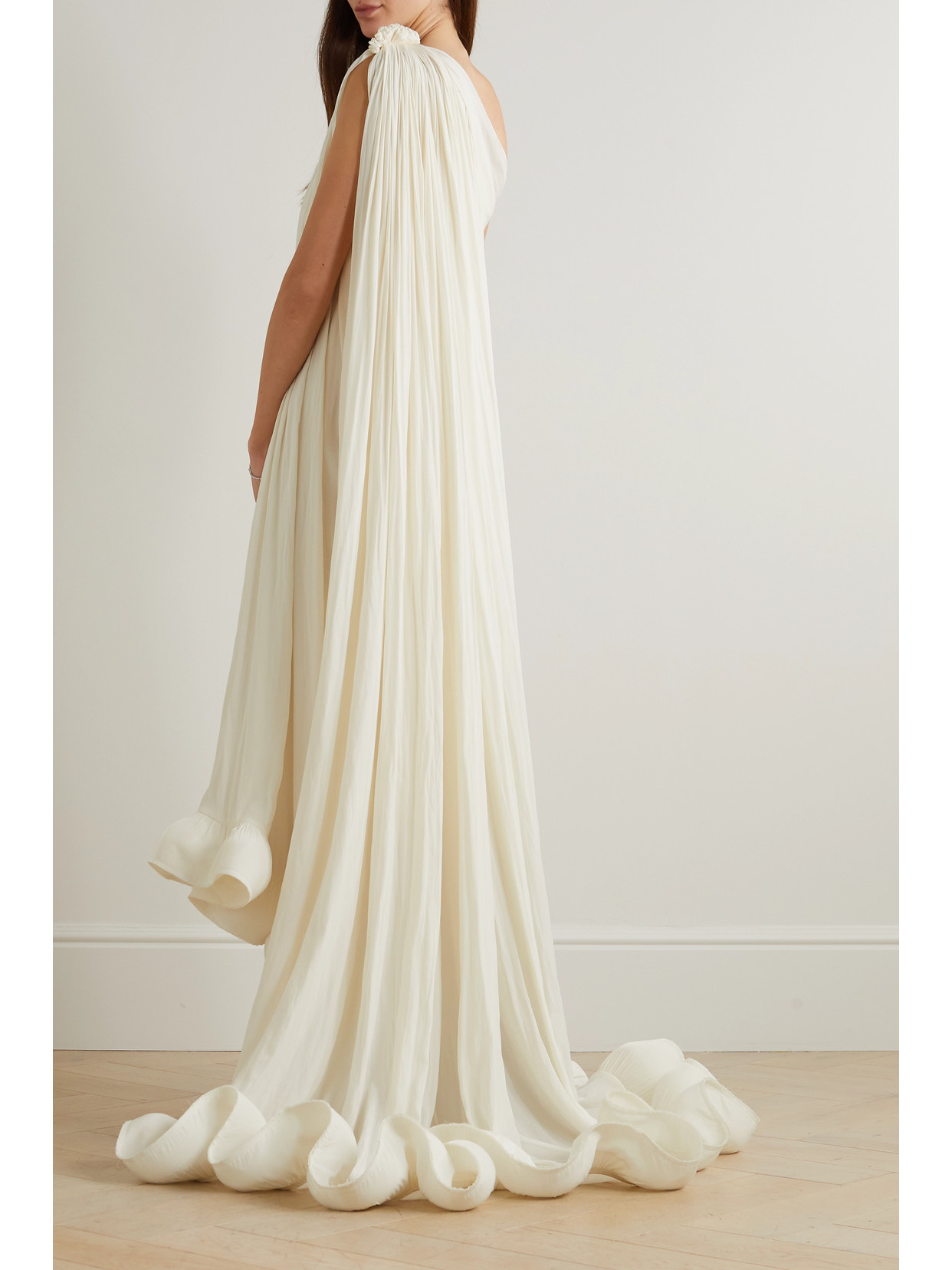 Shop Lanvin One-shoulder Ruffled Plissé-crepe De Chine Gown In White