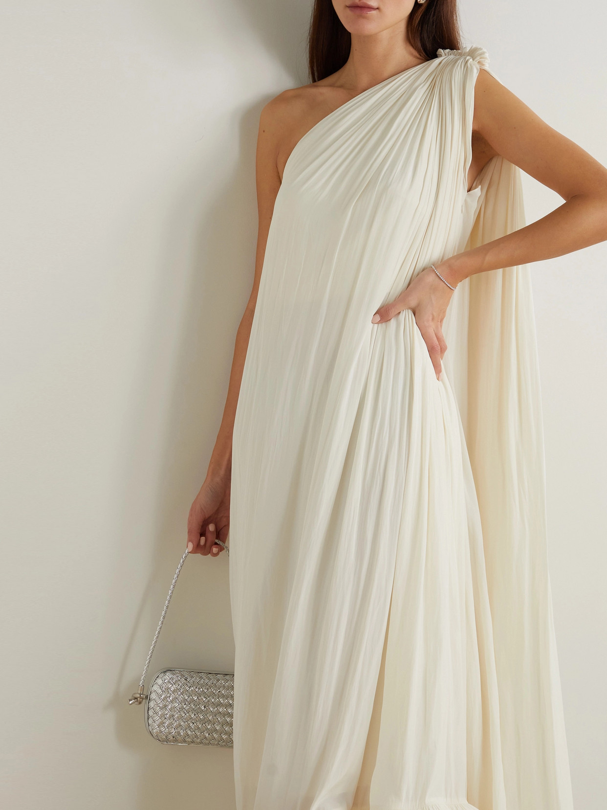 Shop Lanvin One-shoulder Ruffled Plissé-crepe De Chine Gown In White