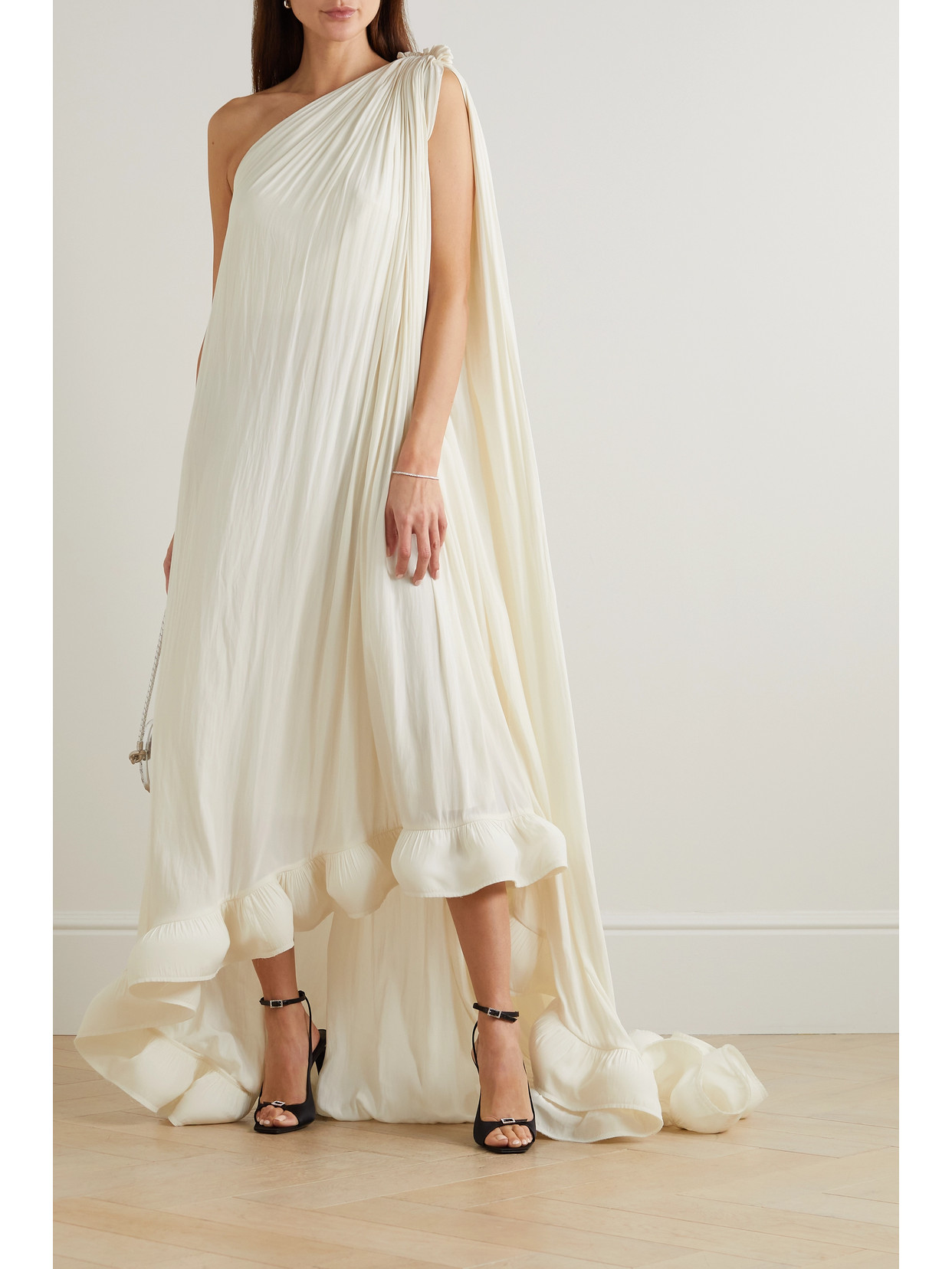 Shop Lanvin One-shoulder Ruffled Plissé-crepe De Chine Gown In White