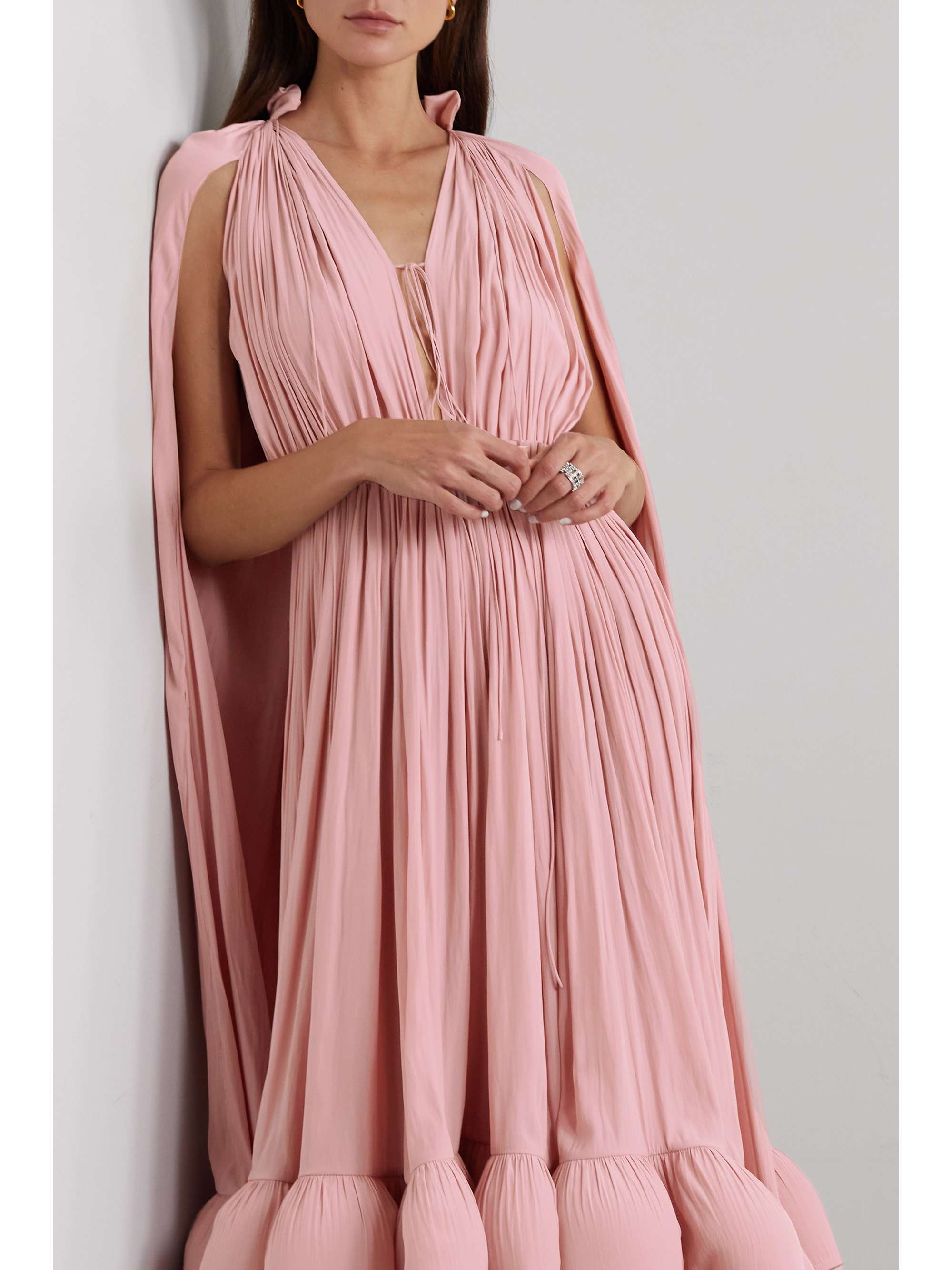 LANVIN Cape-effect tie-detailed ruffled crepe dress
