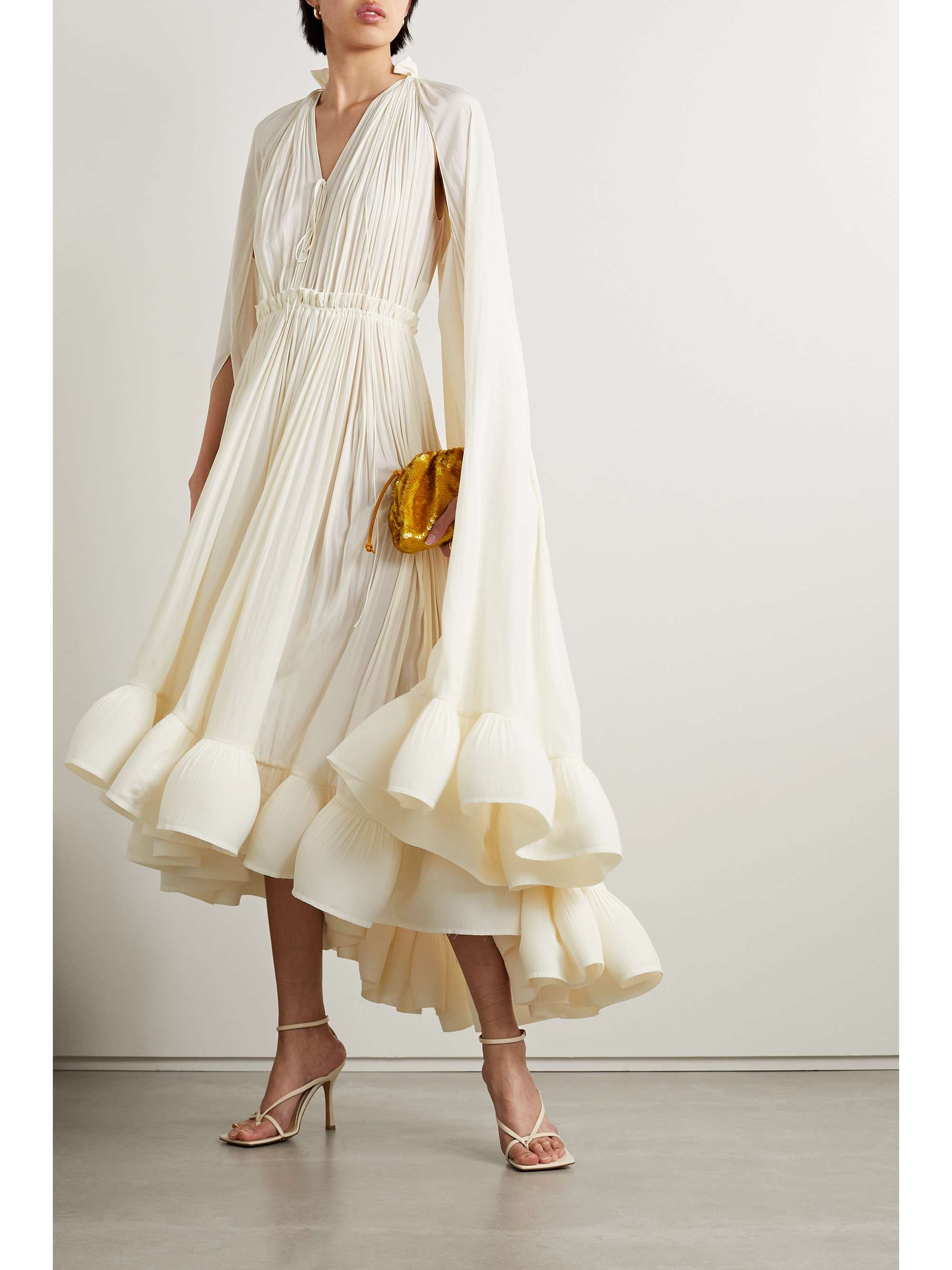 LANVIN Cape-effect tie-detailed ruffled crepe dress