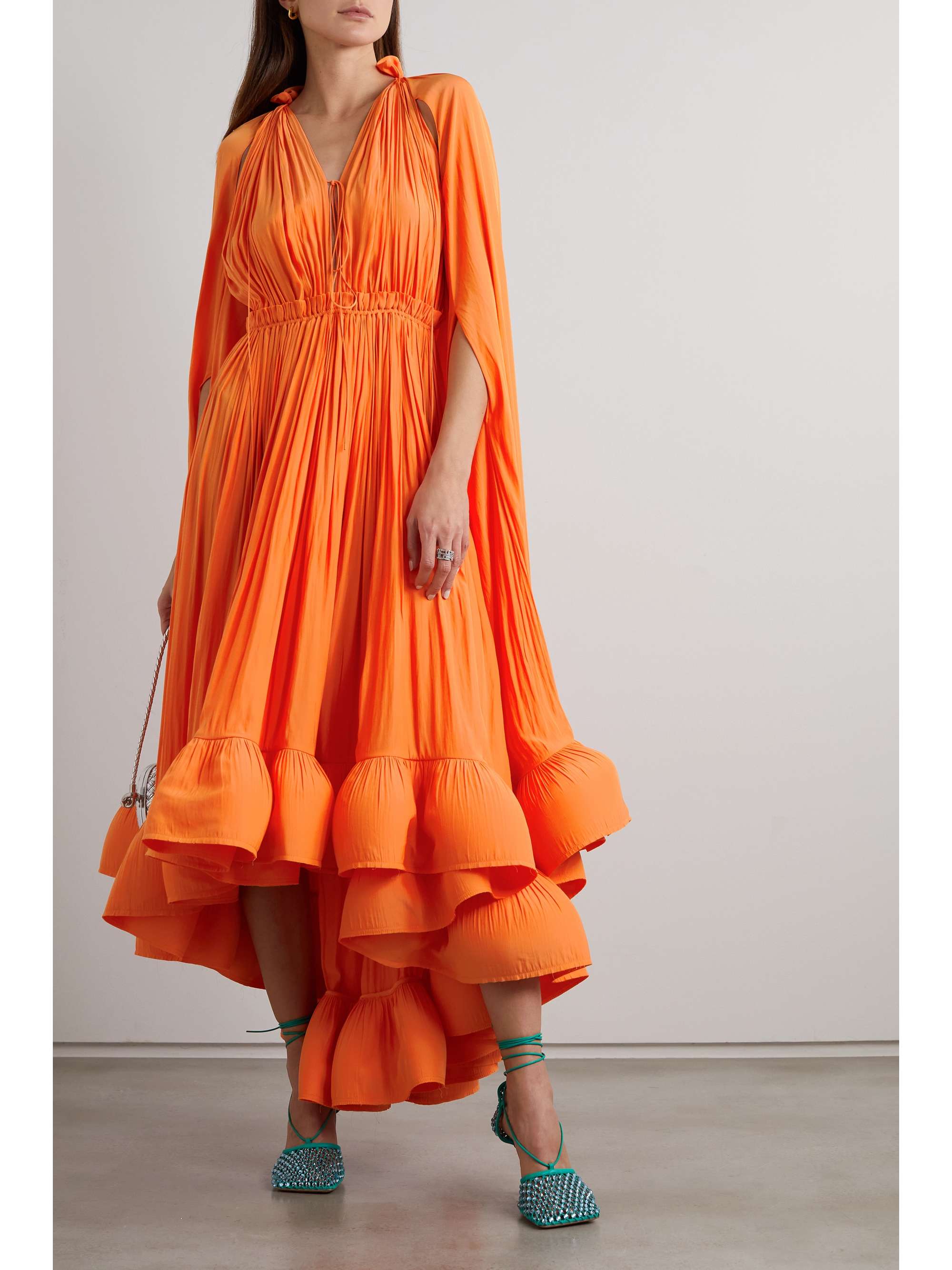 LANVIN Cape-effect tie-detailed ruffled charmeuse dress | NET-A-PORTER