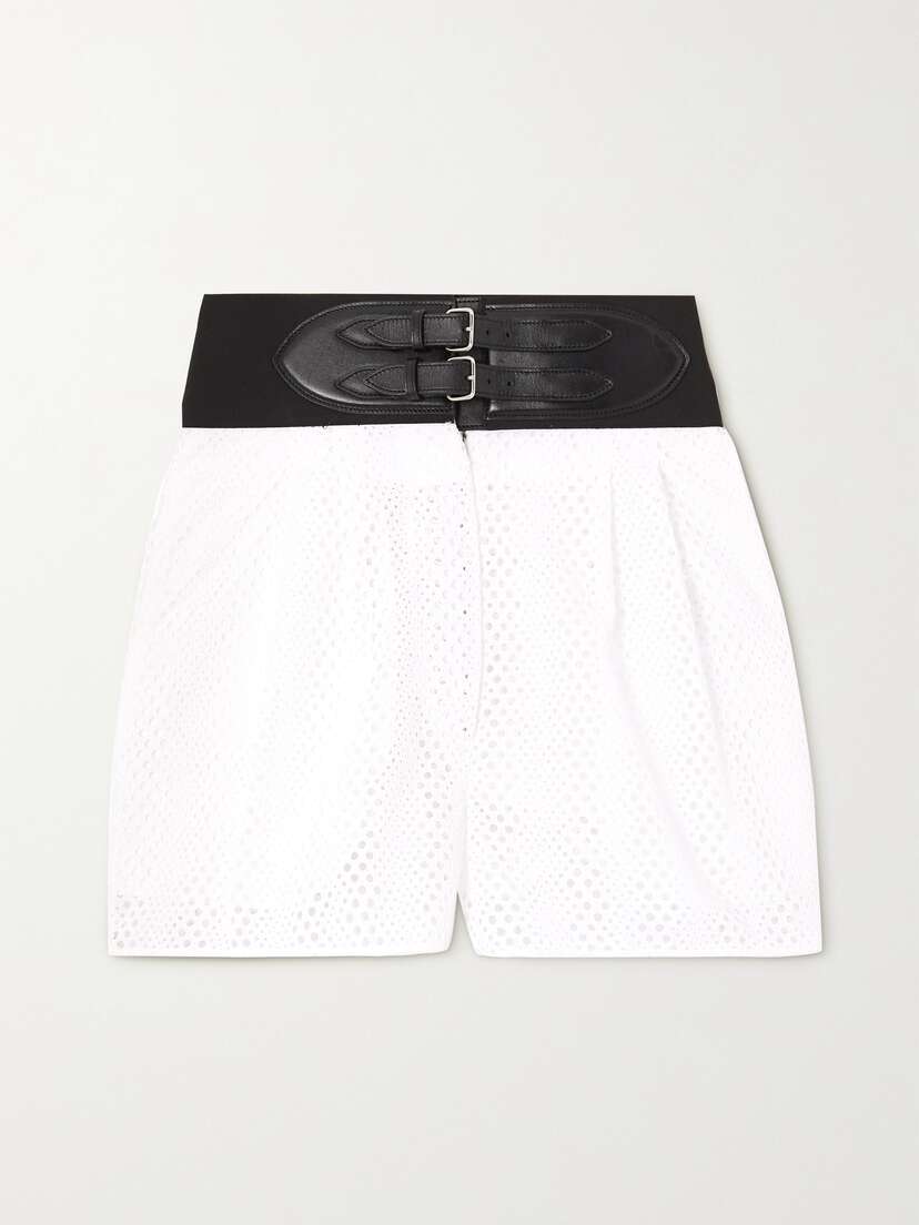 Alaïa Belted Leather-trimmed Broderie Anglaise Poplin Shorts