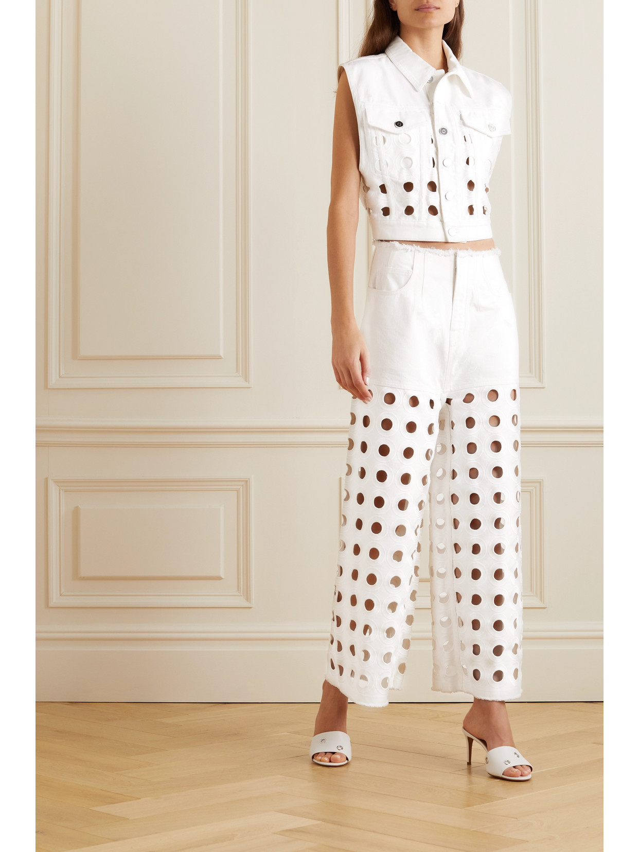 Alaïa Low-rise Circle Eyelet Wide-leg Ankle Denim Pants In White