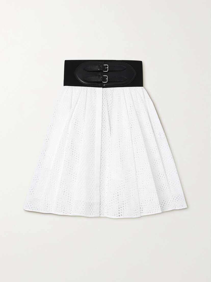 Alaïa Laser-cut Leather-trimmed Broderie Anglaise Cotton Mini Skirt