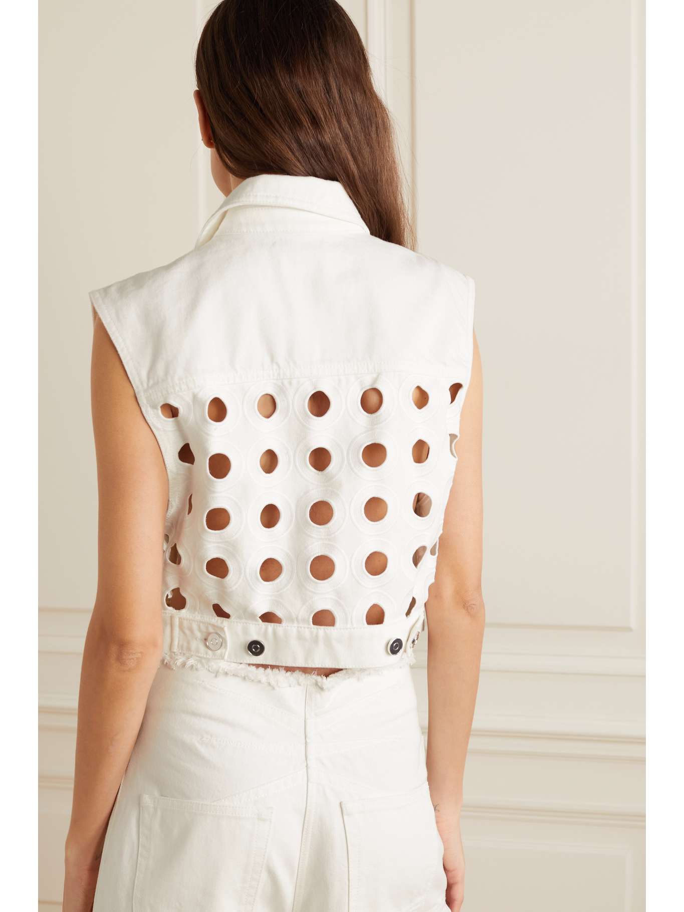 ALAÏA Embroidered lasercut denim vest NETAPORTER