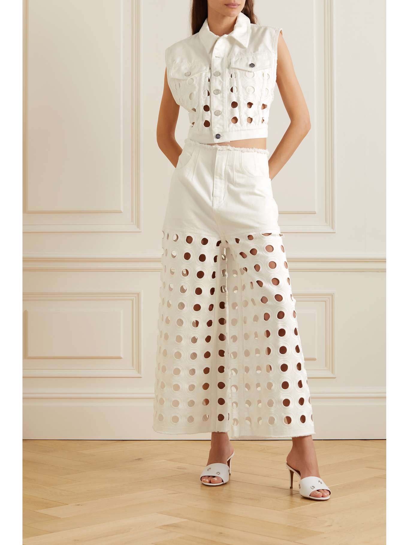 ALAÏA Embroidered lasercut denim vest NETAPORTER