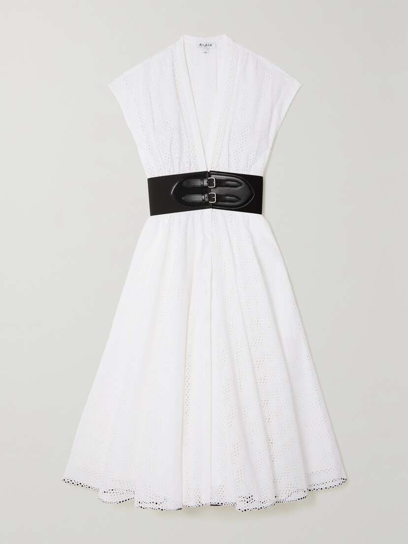 Alaïa Belted Leather-trimmed Broderie Anglaise Cotton Midi Dress