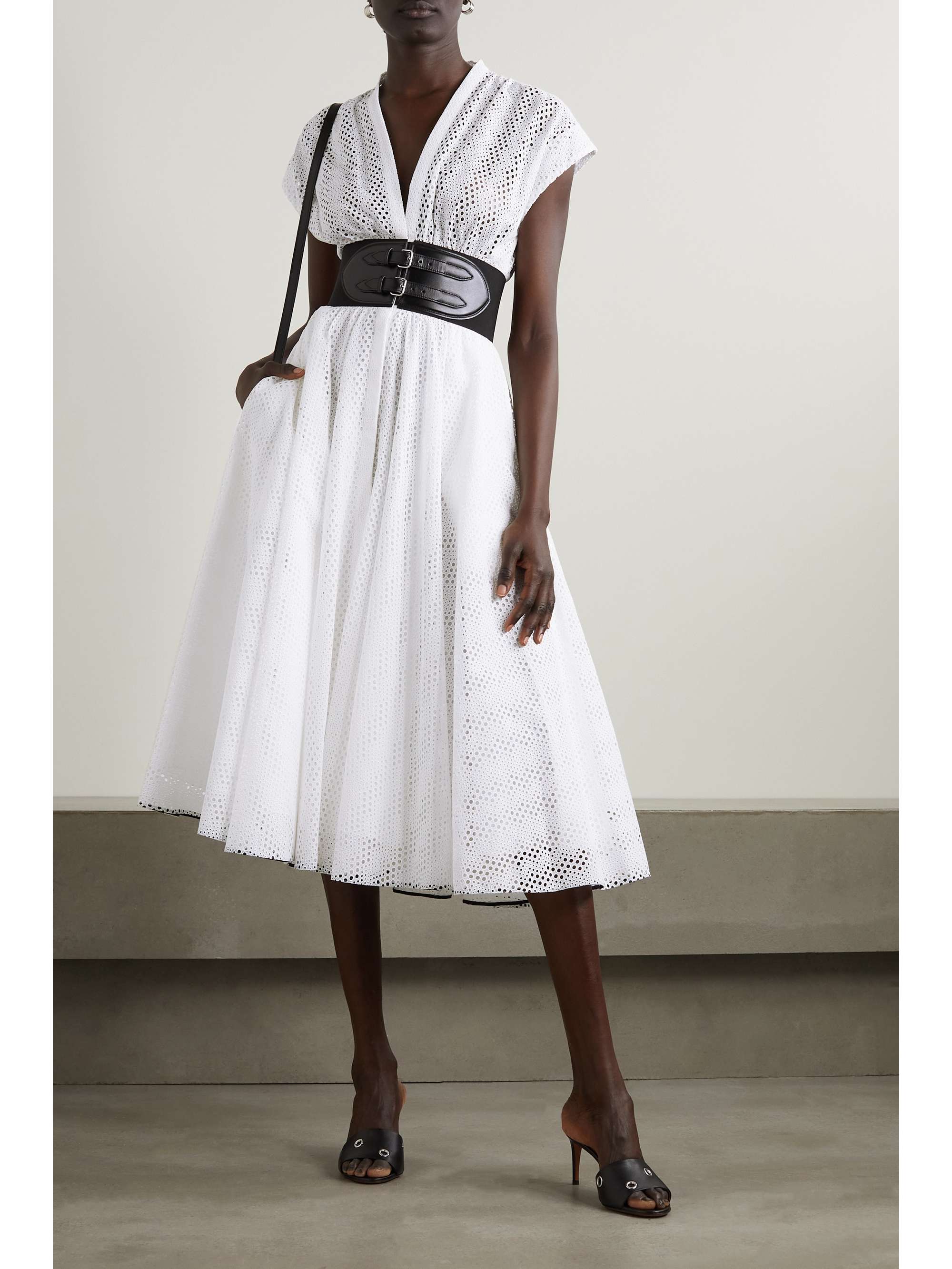 ALAÏA Belted leather-trimmed broderie anglaise cotton midi dress
