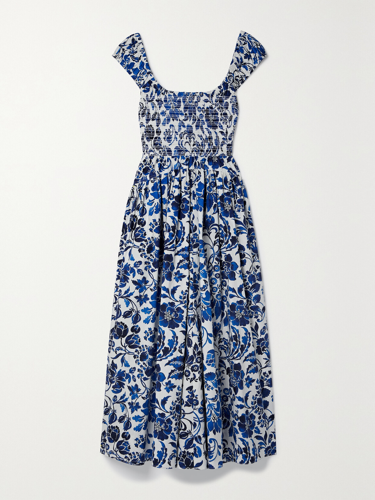 La Ligne Vivian Gathered Floral-print Cotton Maxi Dress In Ivory/ Cobalt Floral