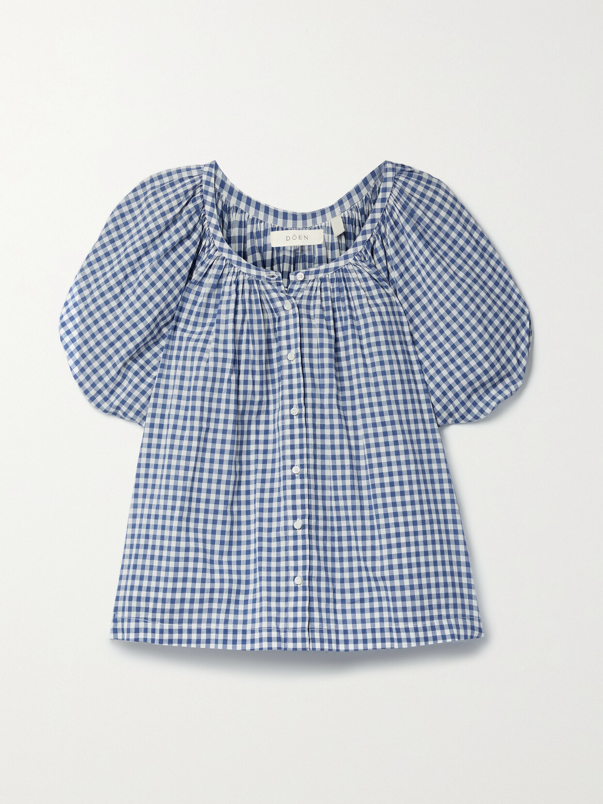 DÔEN - June Gathered Gingham Organic Cotton-blend Blouse - Blue