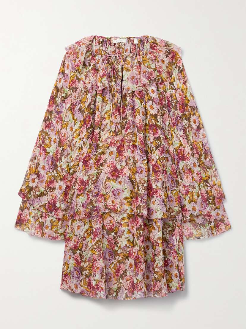 DÔEN Idette Tiered Ruffled Floral-print Silk-georgette Mini Dress - x large