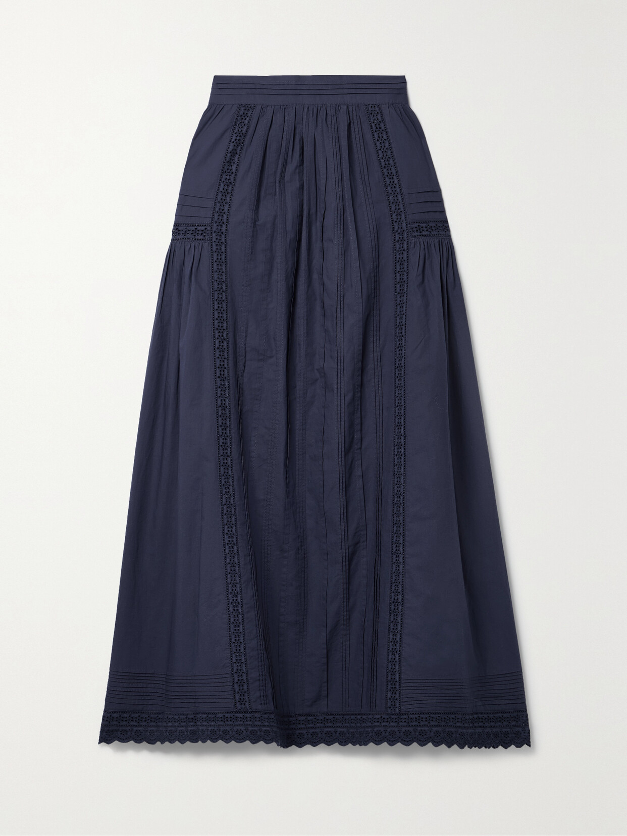 DÔEN - + Net Sustain Sabina Broderie Anglaise-trimmed Pintucked Organic Cotton-poplin Midi Skirt - Blue