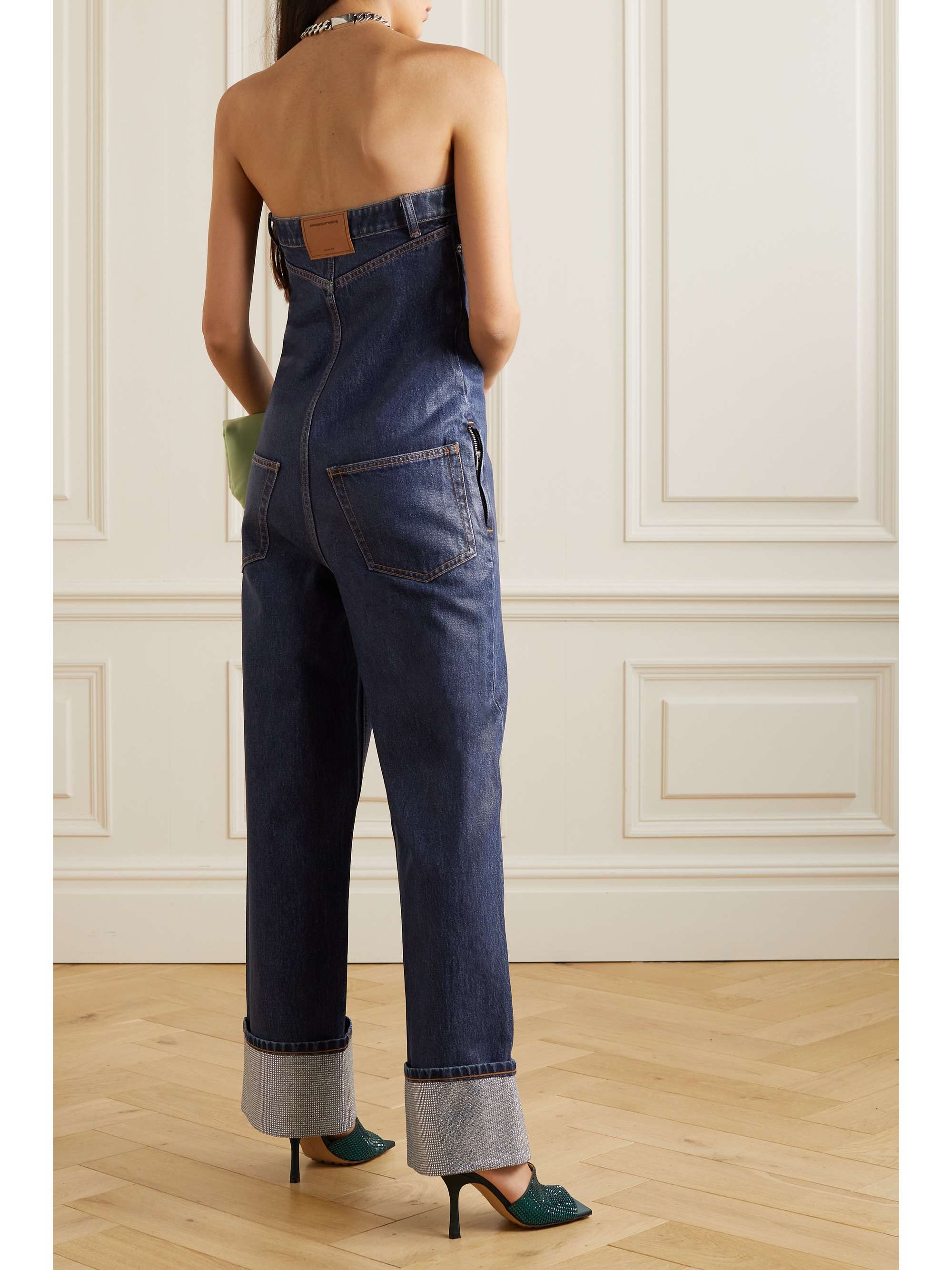 Strapless crystal-embellished denim jumpsuit