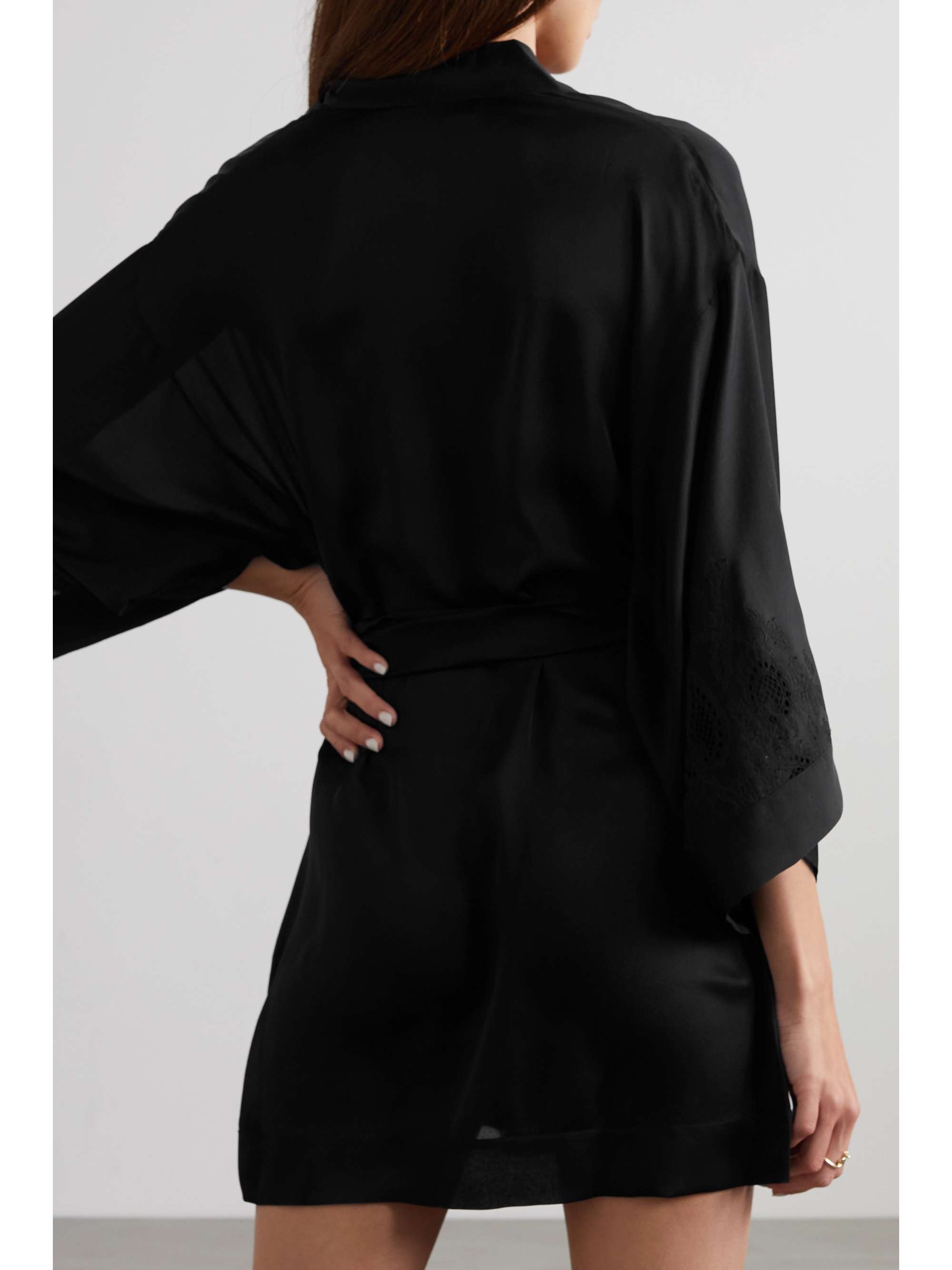 CARINE GILSON Belted lace-trimmed silk-charmeuse robe