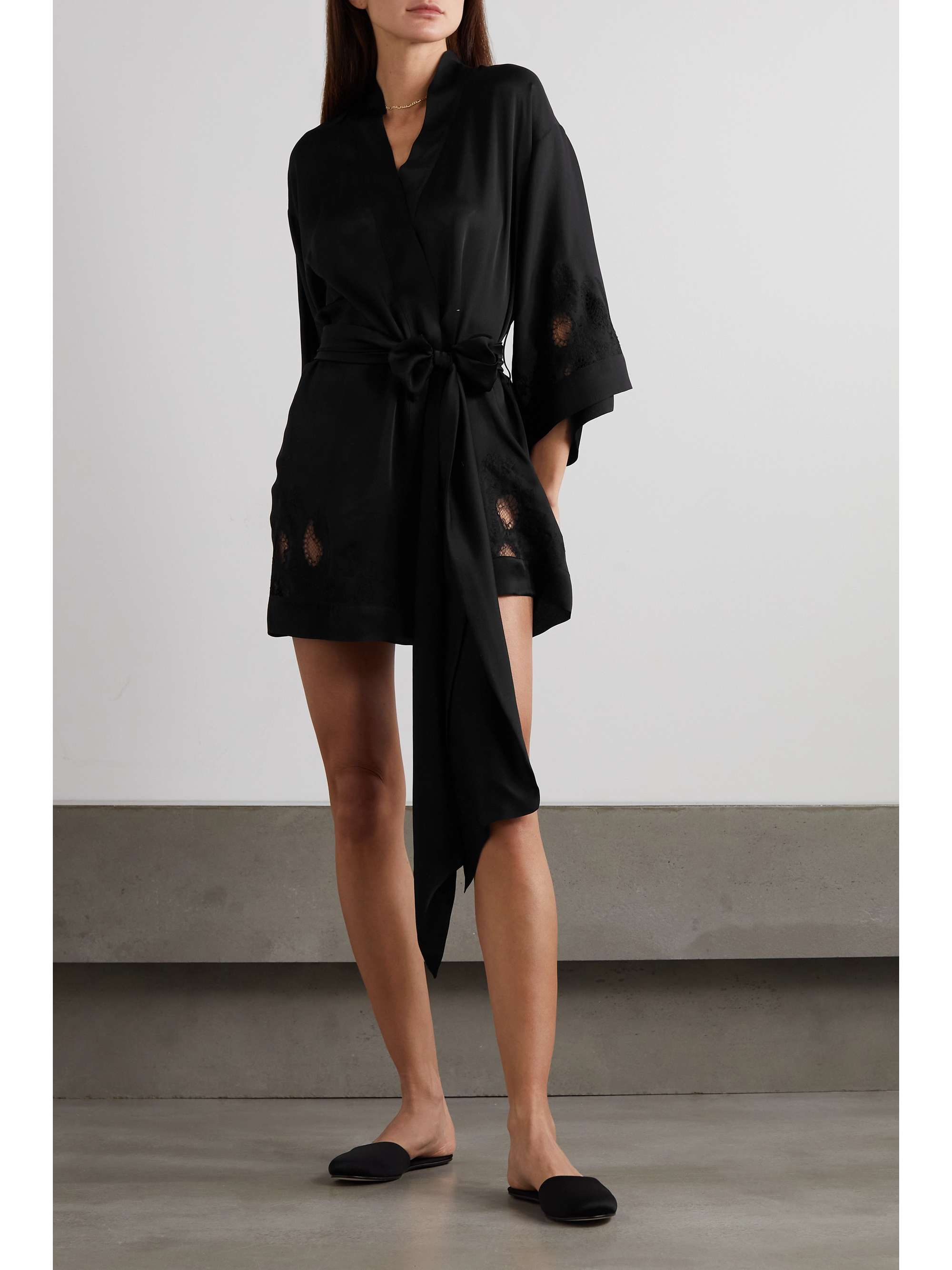 CARINE GILSON Belted lace-trimmed silk-charmeuse robe
