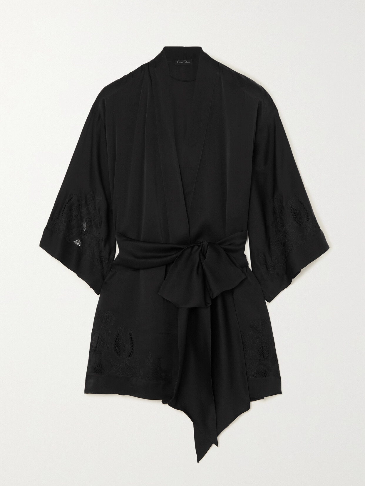 Carine Gilson - Belted Lace-trimmed Silk-charmeuse Robe - Black