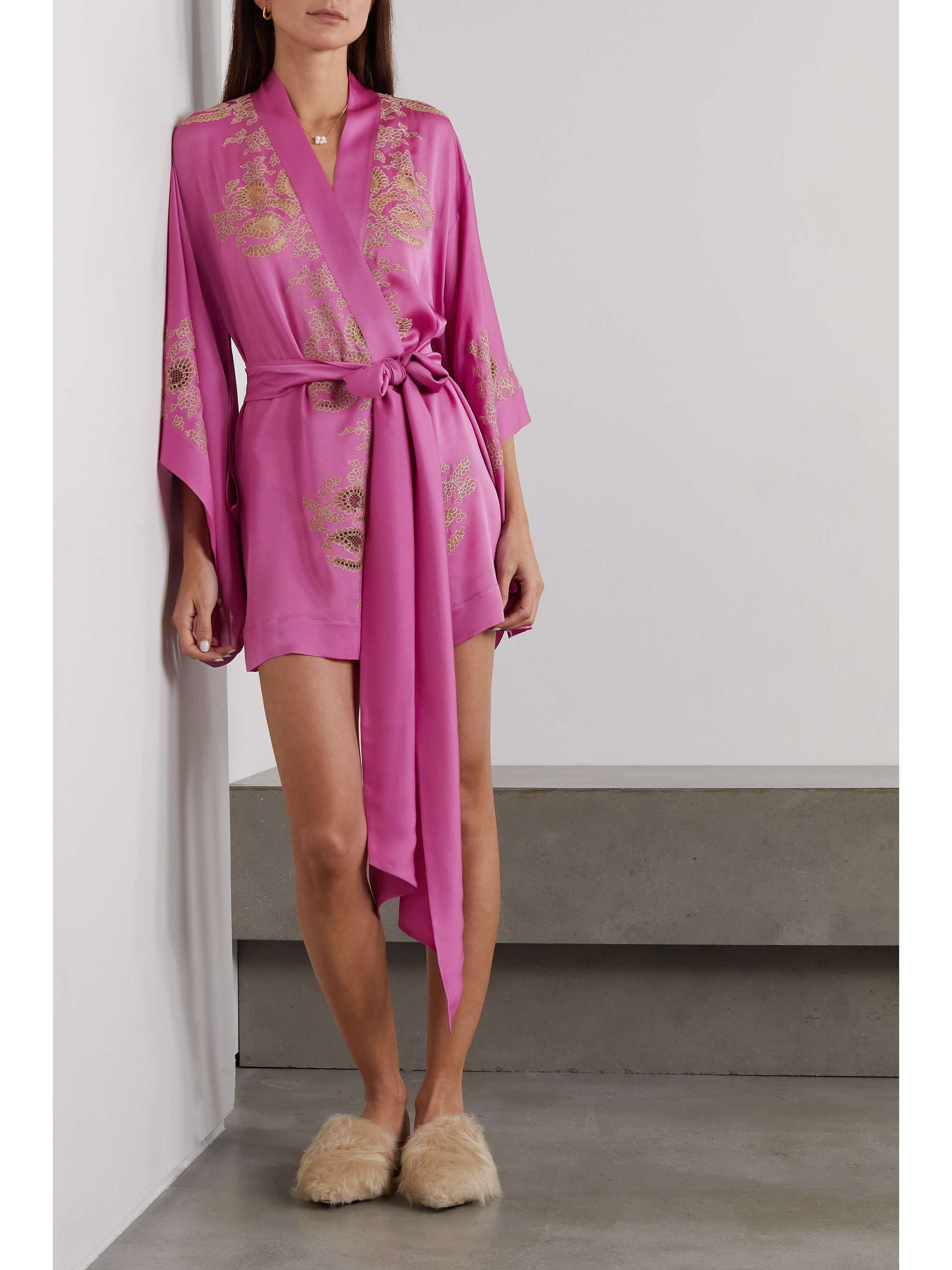 CARINE GILSON Belted lace-trimmed silk-charmeuse robe