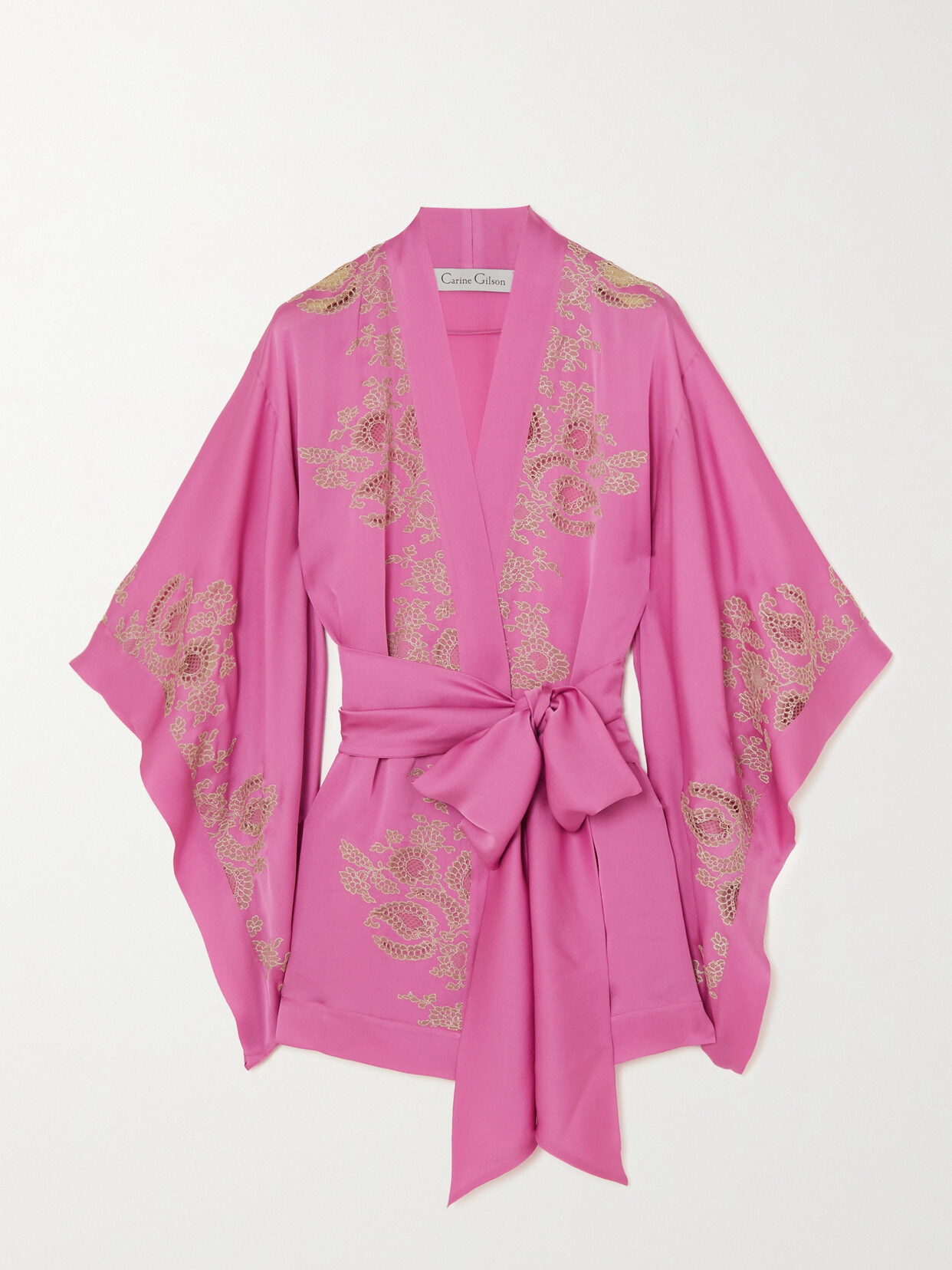 Carine Gilson - Belted Lace-trimmed Silk-charmeuse Robe - Pink