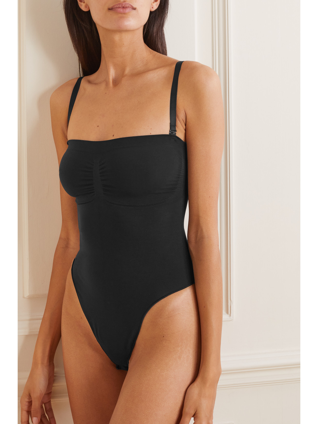 Shop Skims Seamless Sculpt Strapless Thong Bodysuit In Black